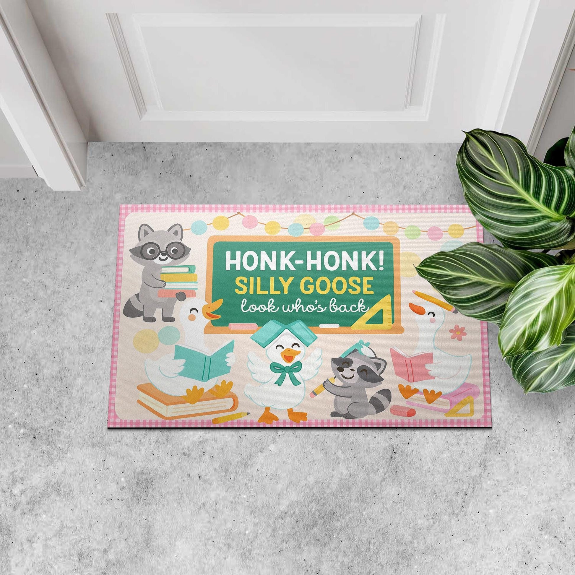 Silly Goose Classroom Doormat – Funny Teacher Welcome Mat, Honk Honk Back to School Rug, Raccoon and Goose Classroom Decor, Teacher Gift