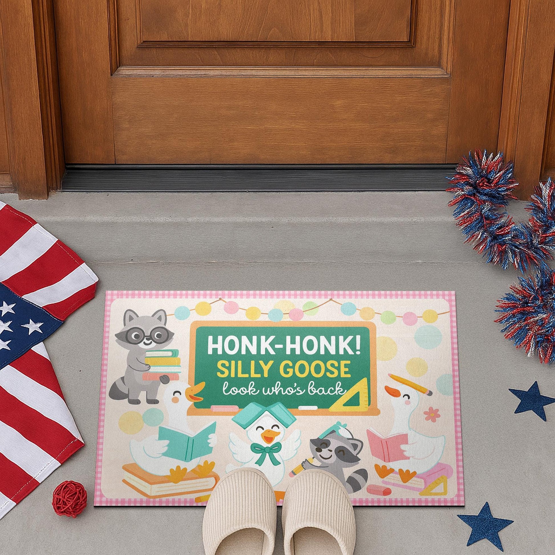 Silly Goose Classroom Doormat – Funny Teacher Welcome Mat, Honk Honk Back to School Rug, Raccoon and Goose Classroom Decor, Teacher Gift
