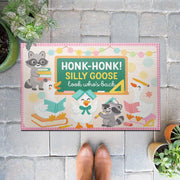 Silly Goose Classroom Doormat – Funny Teacher Welcome Mat, Honk Honk Back to School Rug, Raccoon and Goose Classroom Decor, Teacher Gift