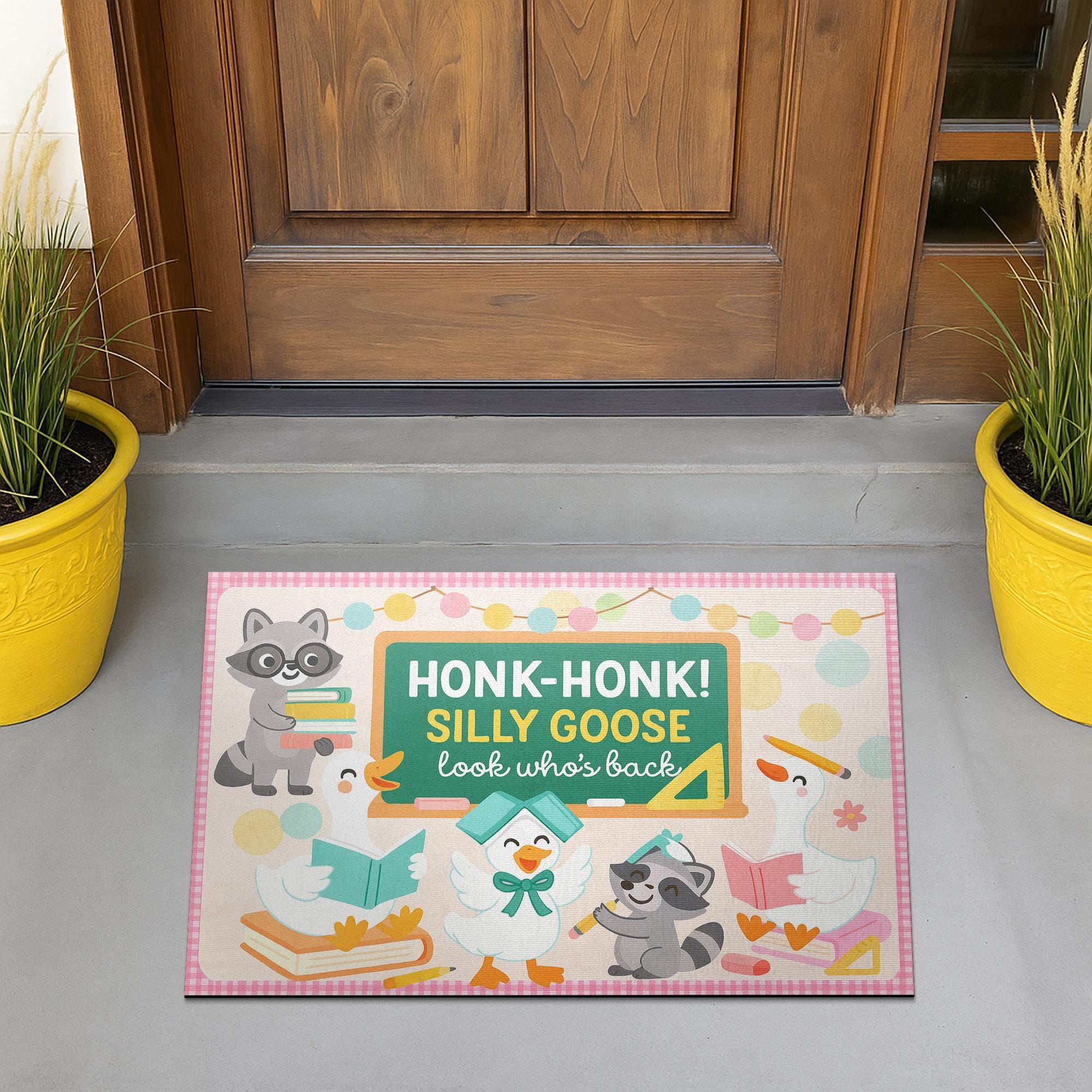 Silly Goose Classroom Doormat – Funny Teacher Welcome Mat, Honk Honk Back to School Rug, Raccoon and Goose Classroom Decor, Teacher Gift
