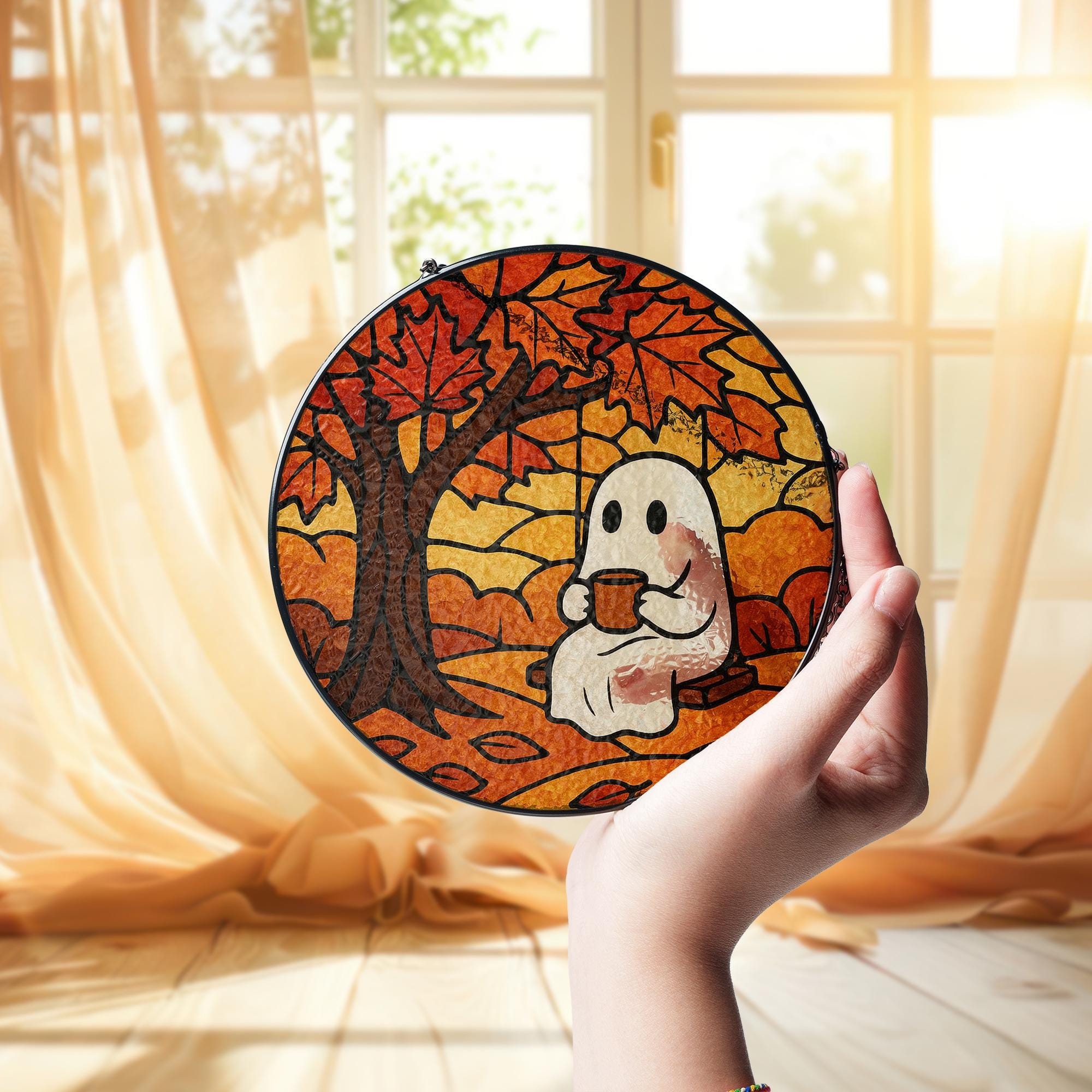 Cute Ghost Autumn Suncatcher, Cozy Fall Glass Window Decor, Halloween Swing Ghost Art, Stained Glass Effect Hanging Ornament