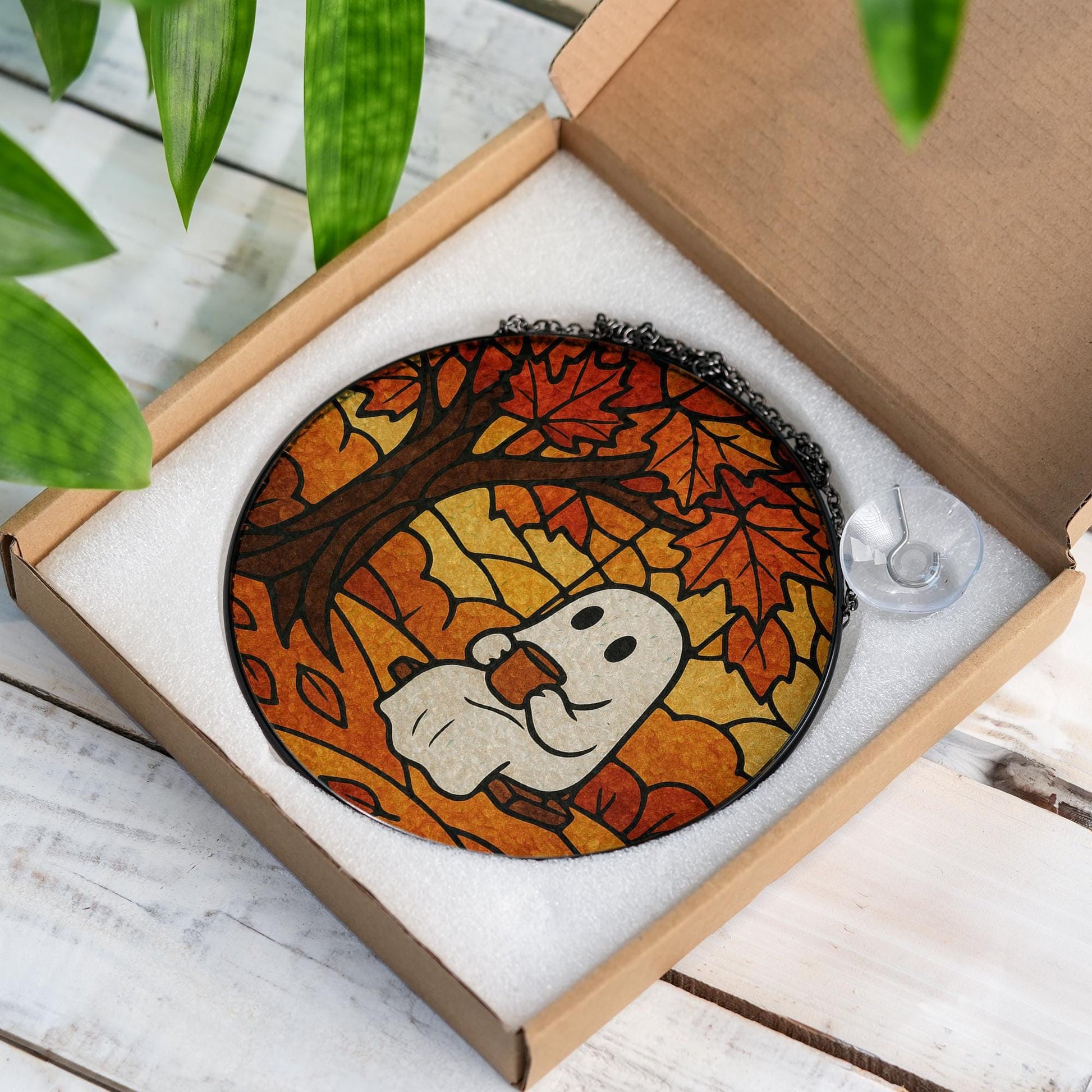 Cute Ghost Autumn Suncatcher, Cozy Fall Glass Window Decor, Halloween Swing Ghost Art, Stained Glass Effect Hanging Ornament