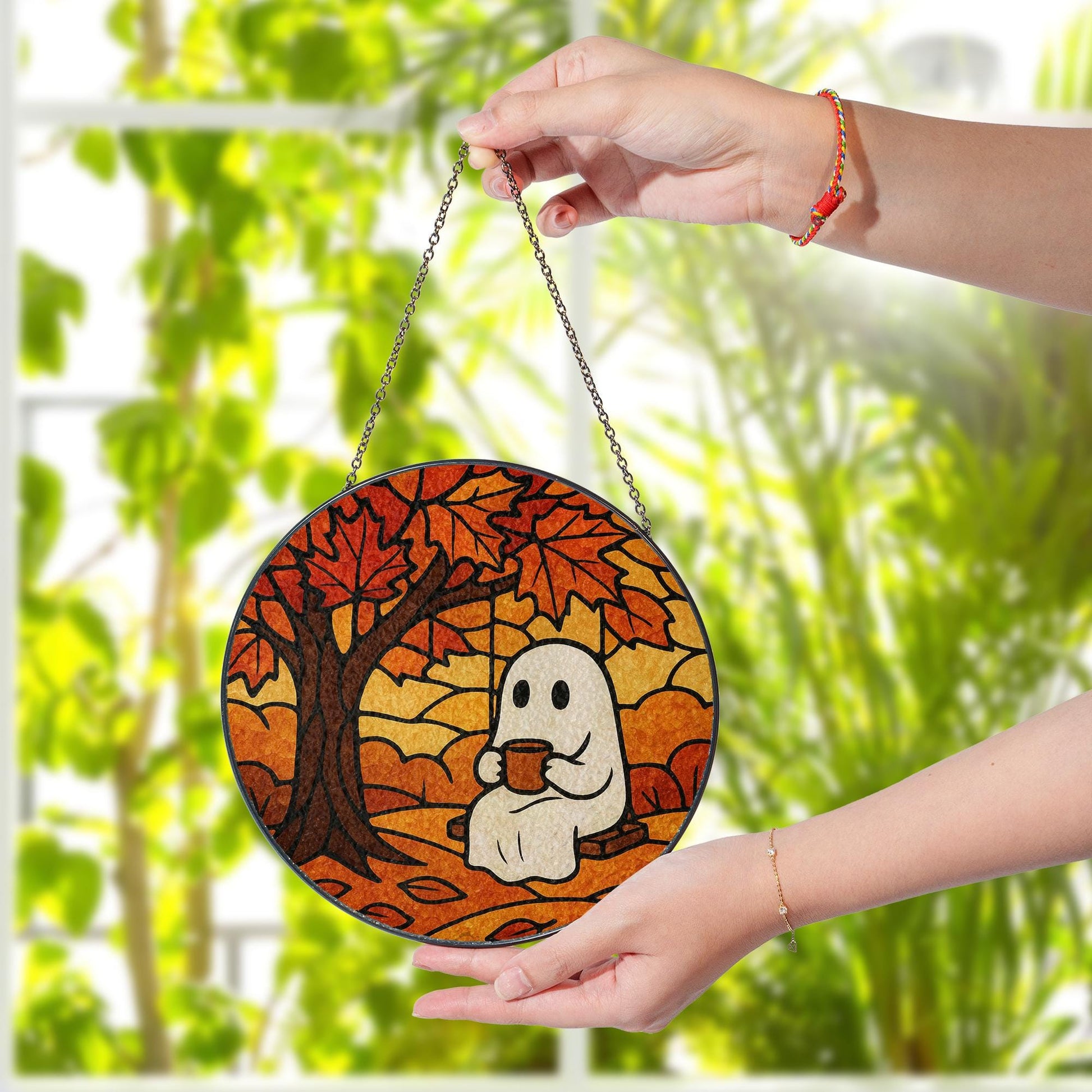 Cute Ghost Autumn Suncatcher, Cozy Fall Glass Window Decor, Halloween Swing Ghost Art, Stained Glass Effect Hanging Ornament