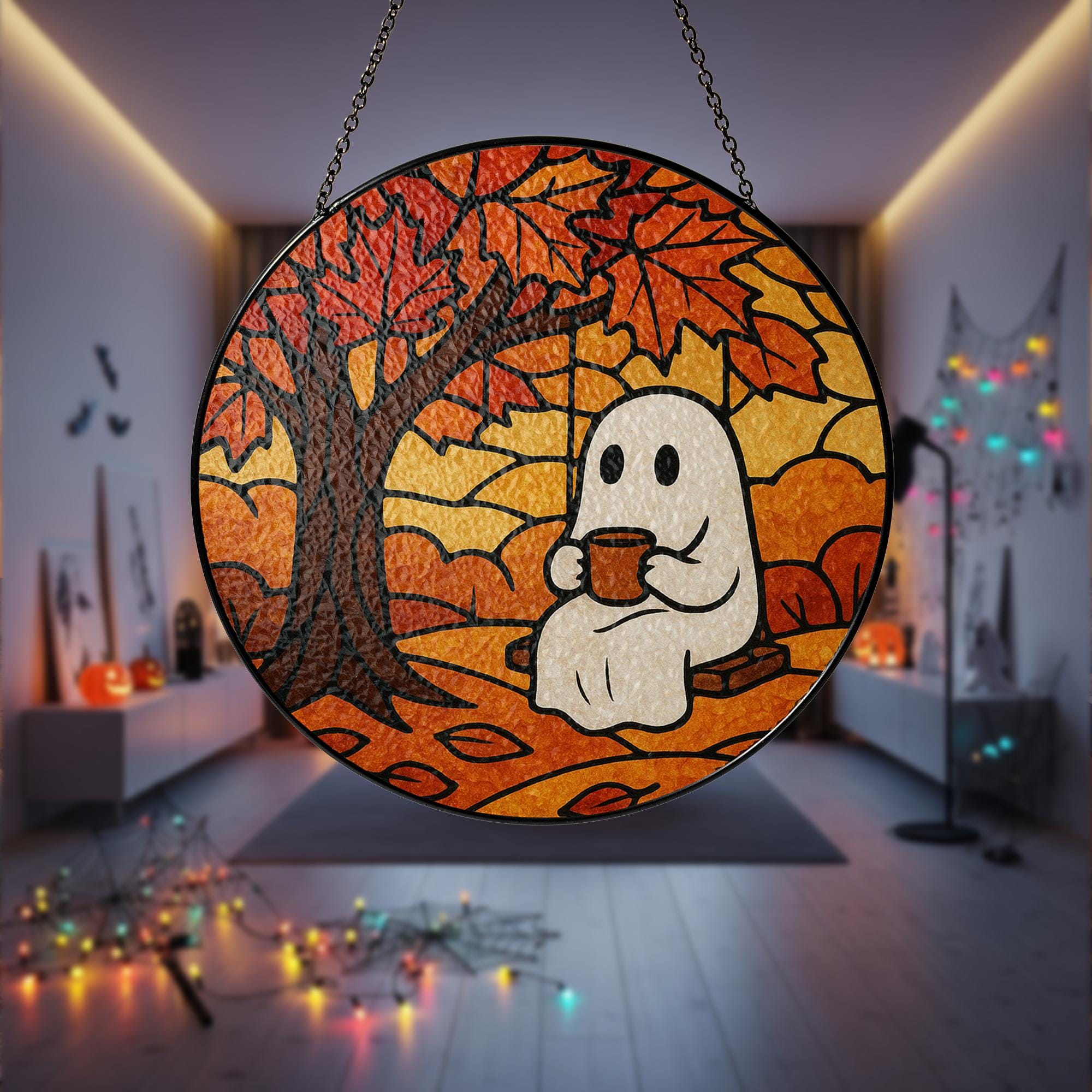 Cute Ghost Autumn Suncatcher, Cozy Fall Glass Window Decor, Halloween Swing Ghost Art, Stained Glass Effect Hanging Ornament
