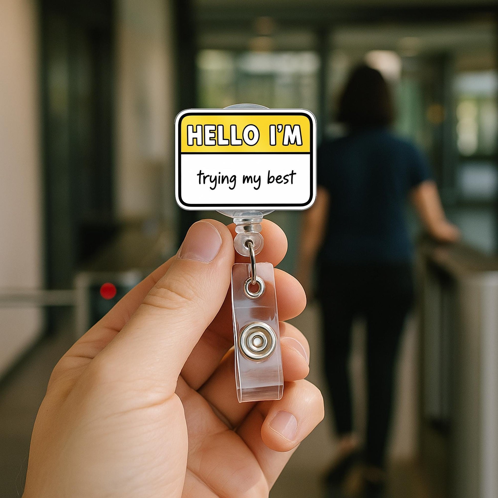 Funny “Hello I’m Trying My Best” Badge Reel – Cute ID Holder, Nurse Teacher Work Humor Accessory, Mental Health Gift, Work Accessories
