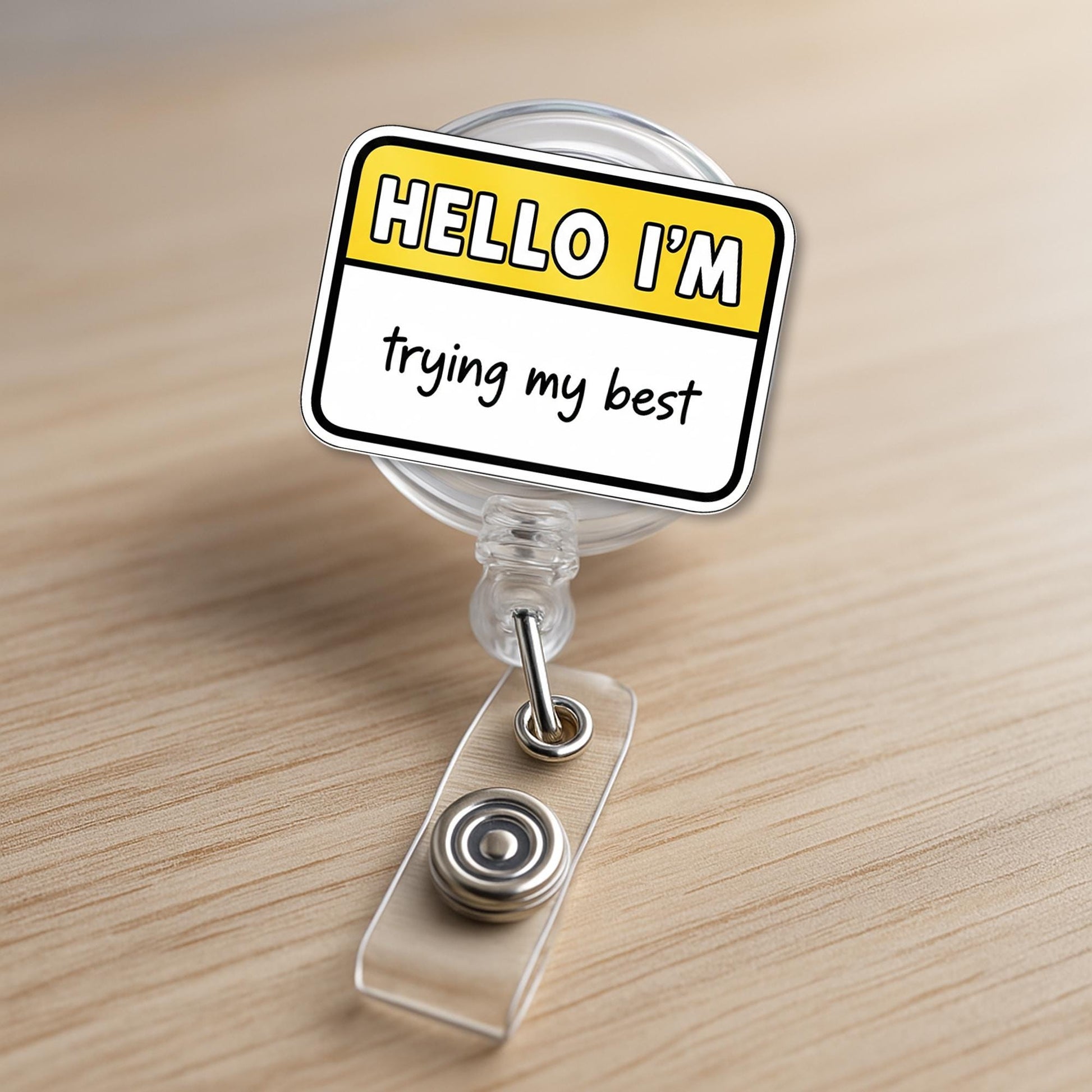 Funny “Hello I’m Trying My Best” Badge Reel – Cute ID Holder, Nurse Teacher Work Humor Accessory, Mental Health Gift, Work Accessories