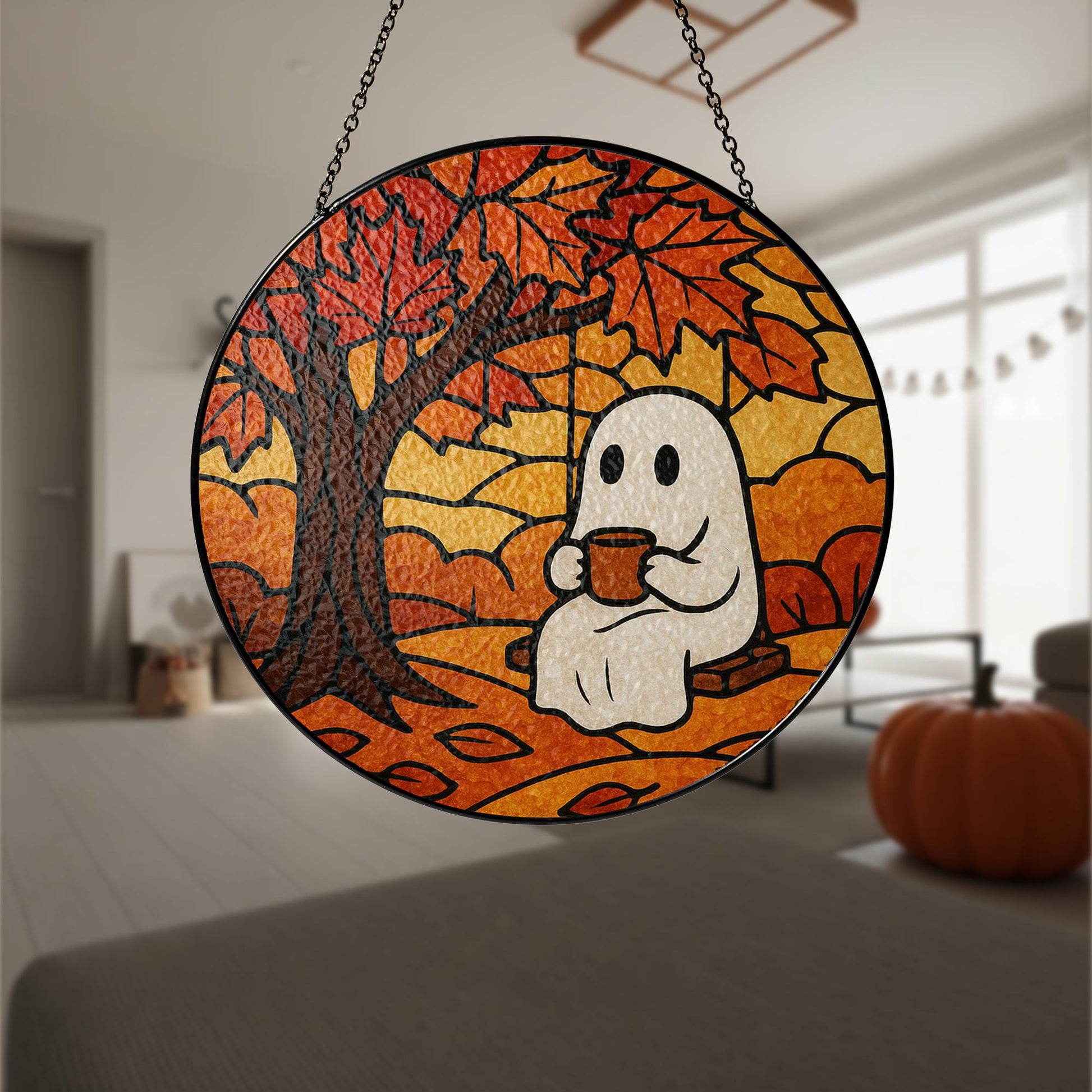 Cute Ghost Autumn Suncatcher, Cozy Fall Glass Window Decor, Halloween Swing Ghost Art, Stained Glass Effect Hanging Ornament