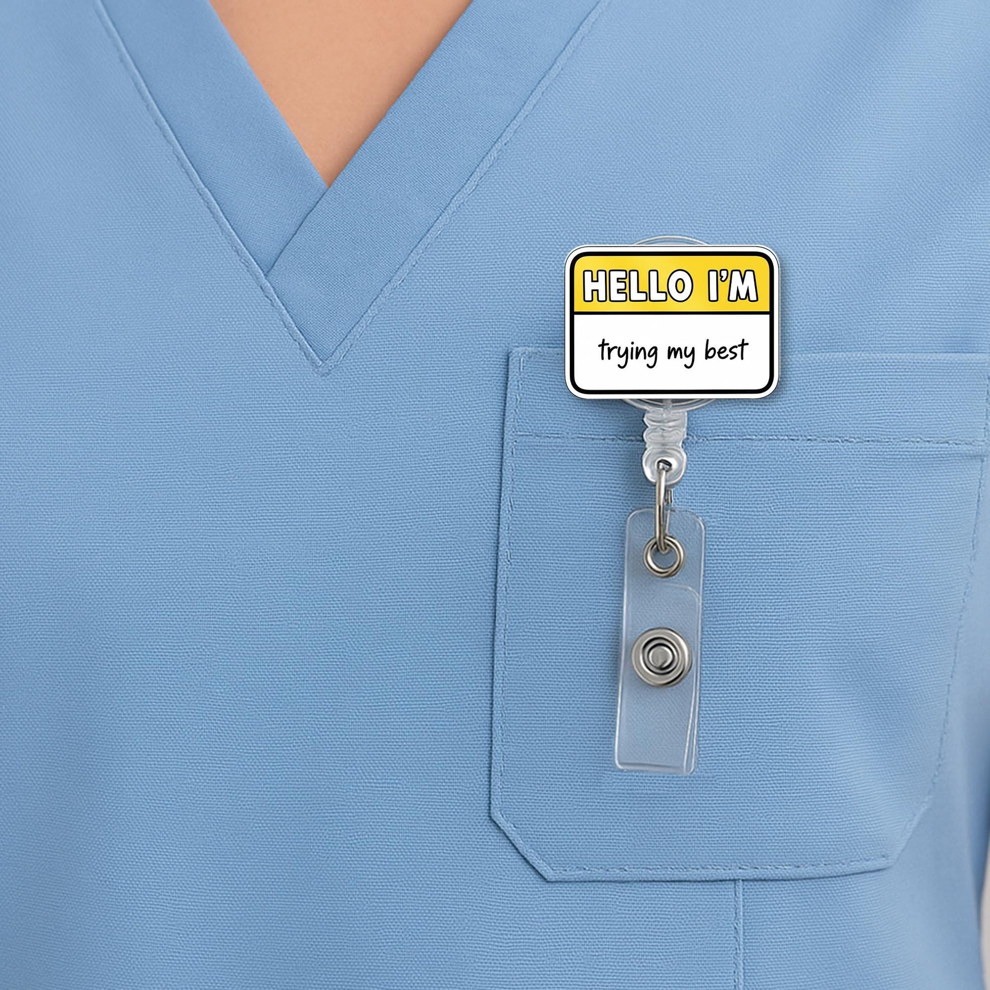 Funny “Hello I’m Trying My Best” Badge Reel – Cute ID Holder, Nurse Teacher Work Humor Accessory, Mental Health Gift, Work Accessories