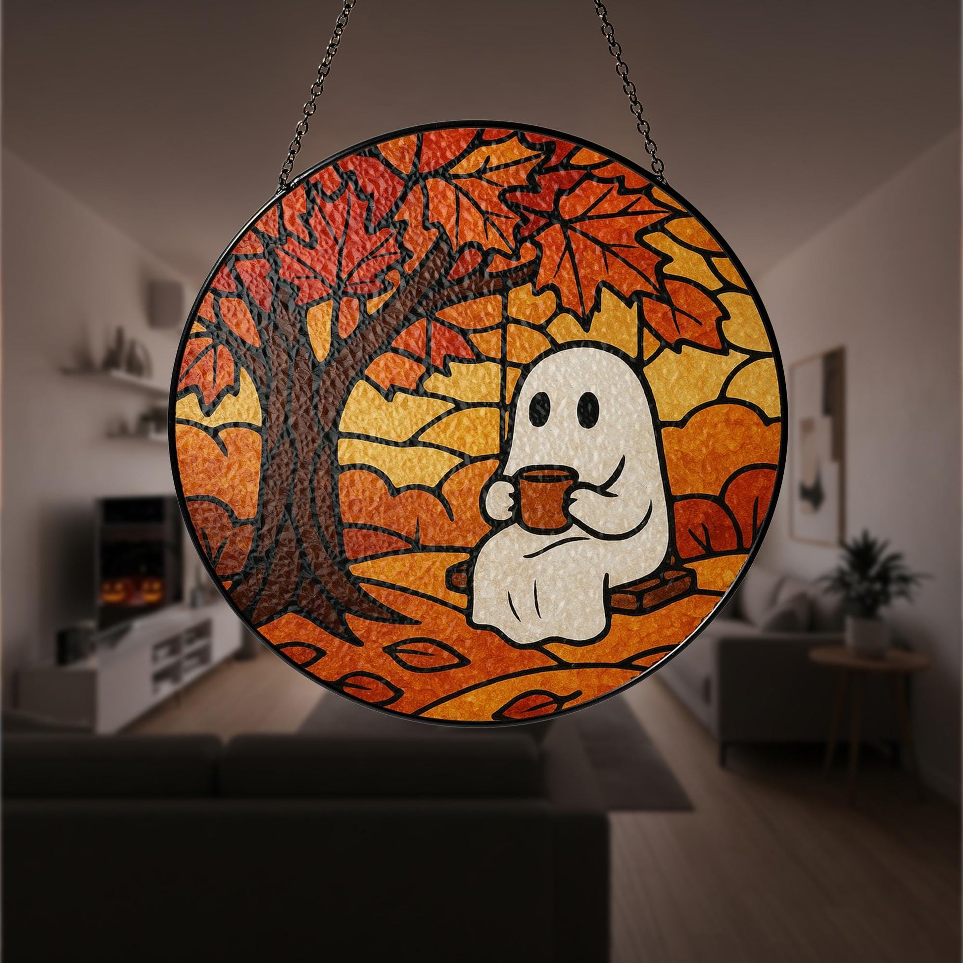 Cute Ghost Autumn Suncatcher, Cozy Fall Glass Window Decor, Halloween Swing Ghost Art, Stained Glass Effect Hanging Ornament