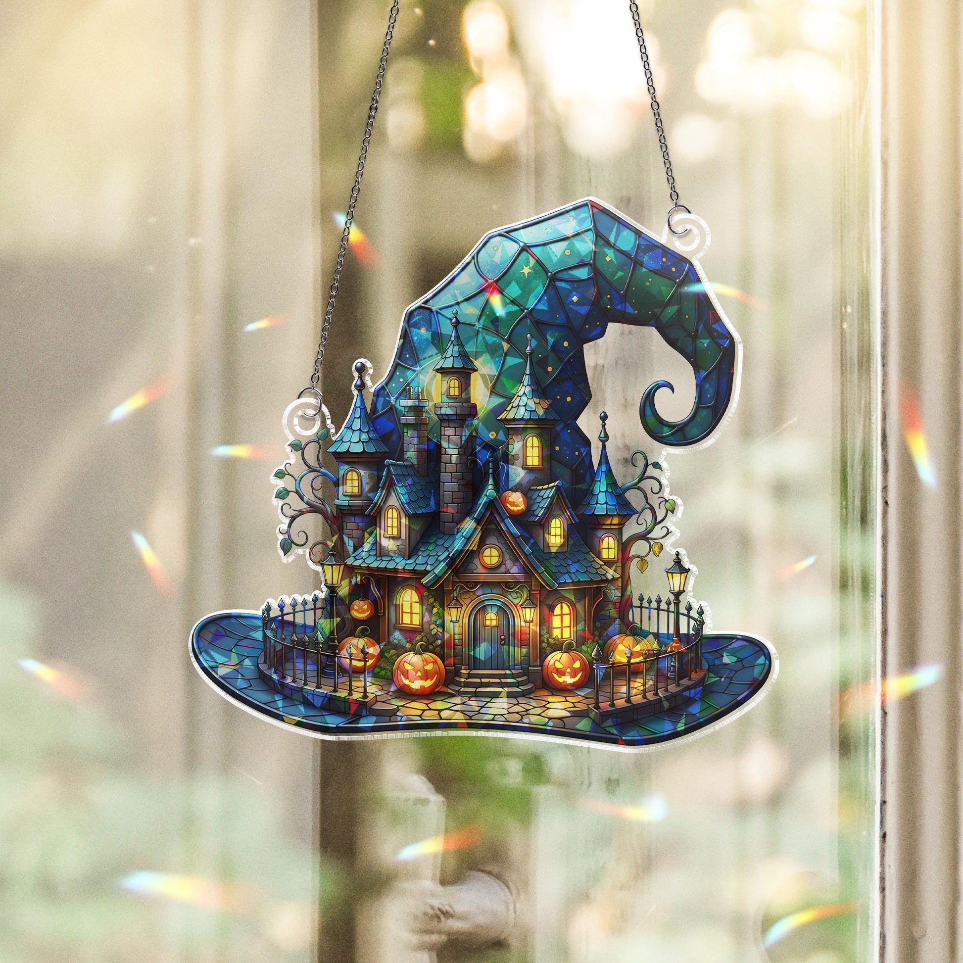 Flat Witch Hat House Hologram, Halloween Window Decor, Spooky Pumpkin Castle Art, Fall Witchy Hanging Accent for Home