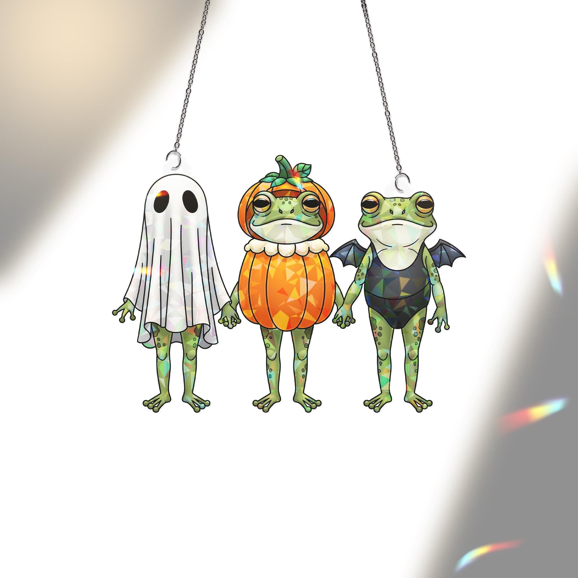 Cute Halloween Frog Window Hanging – Holographic Ghost, Pumpkin & Bat Frogs Suncatcher, Spooky Fall Decor for Frog Lovers