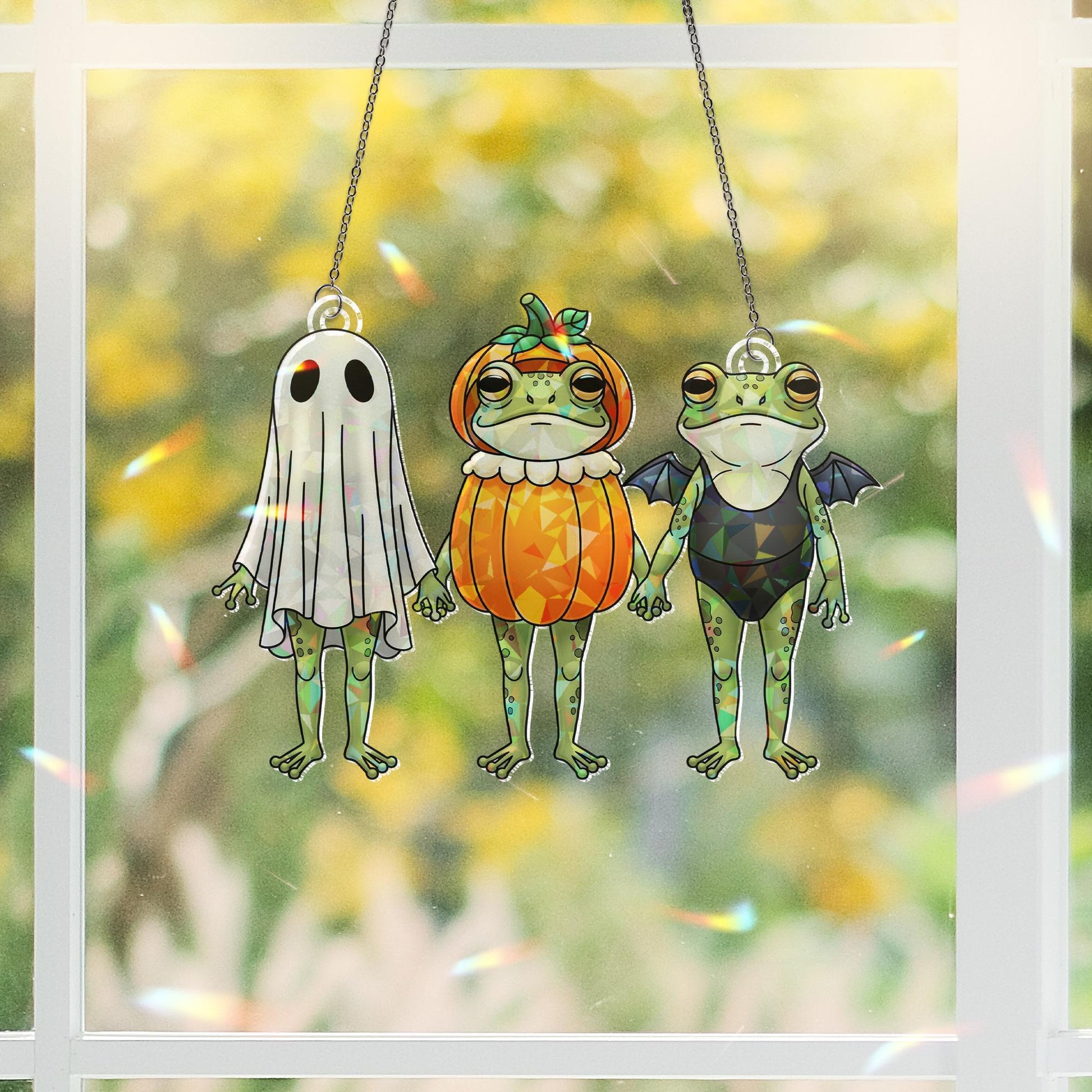 Cute Halloween Frog Window Hanging – Holographic Ghost, Pumpkin & Bat Frogs Suncatcher, Spooky Fall Decor for Frog Lovers