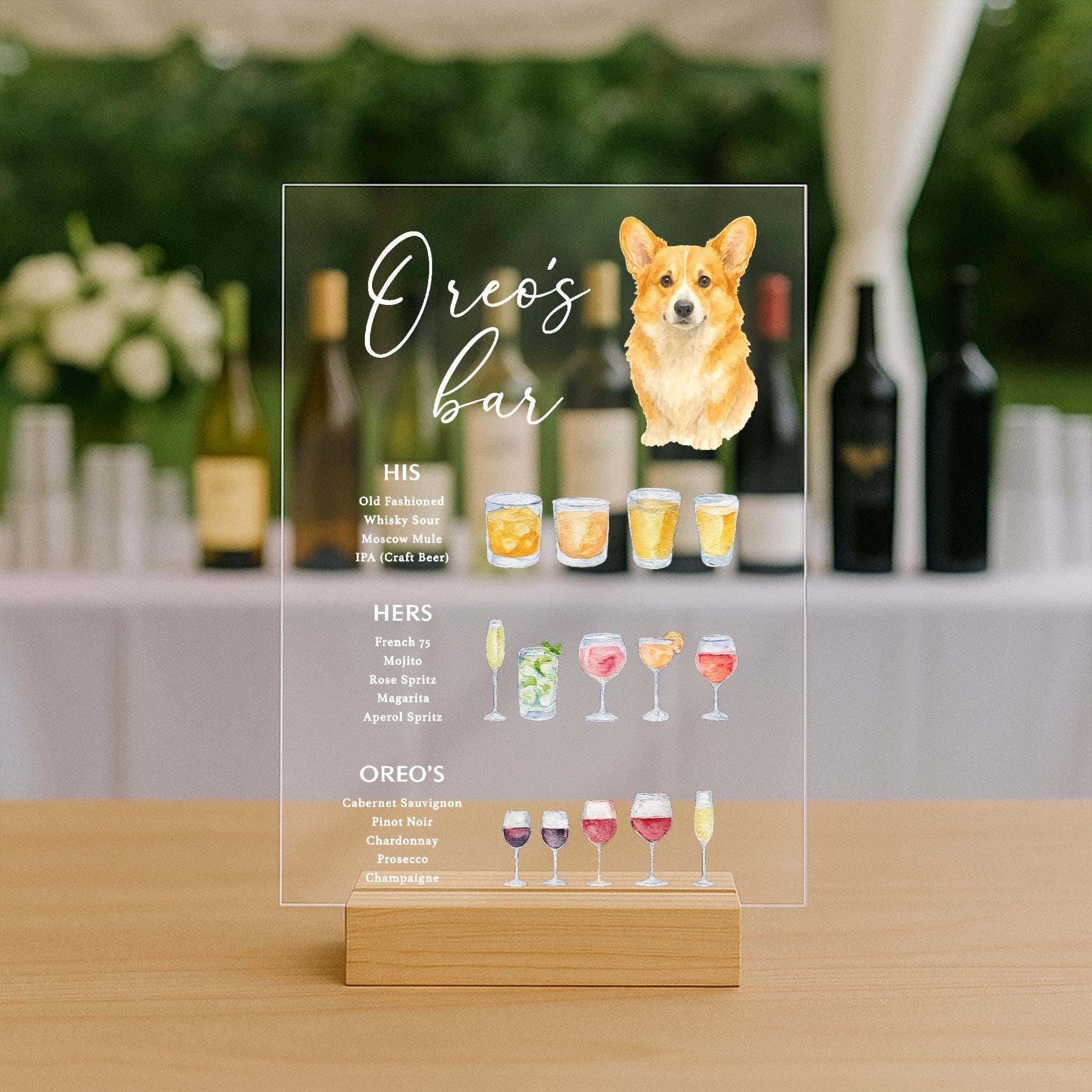 Custom Acrylic Wedding Bar Sign – His & Hers Signature Drinks Menu with Pet Portrait – Personalized Cocktail Sign for Reception Decor