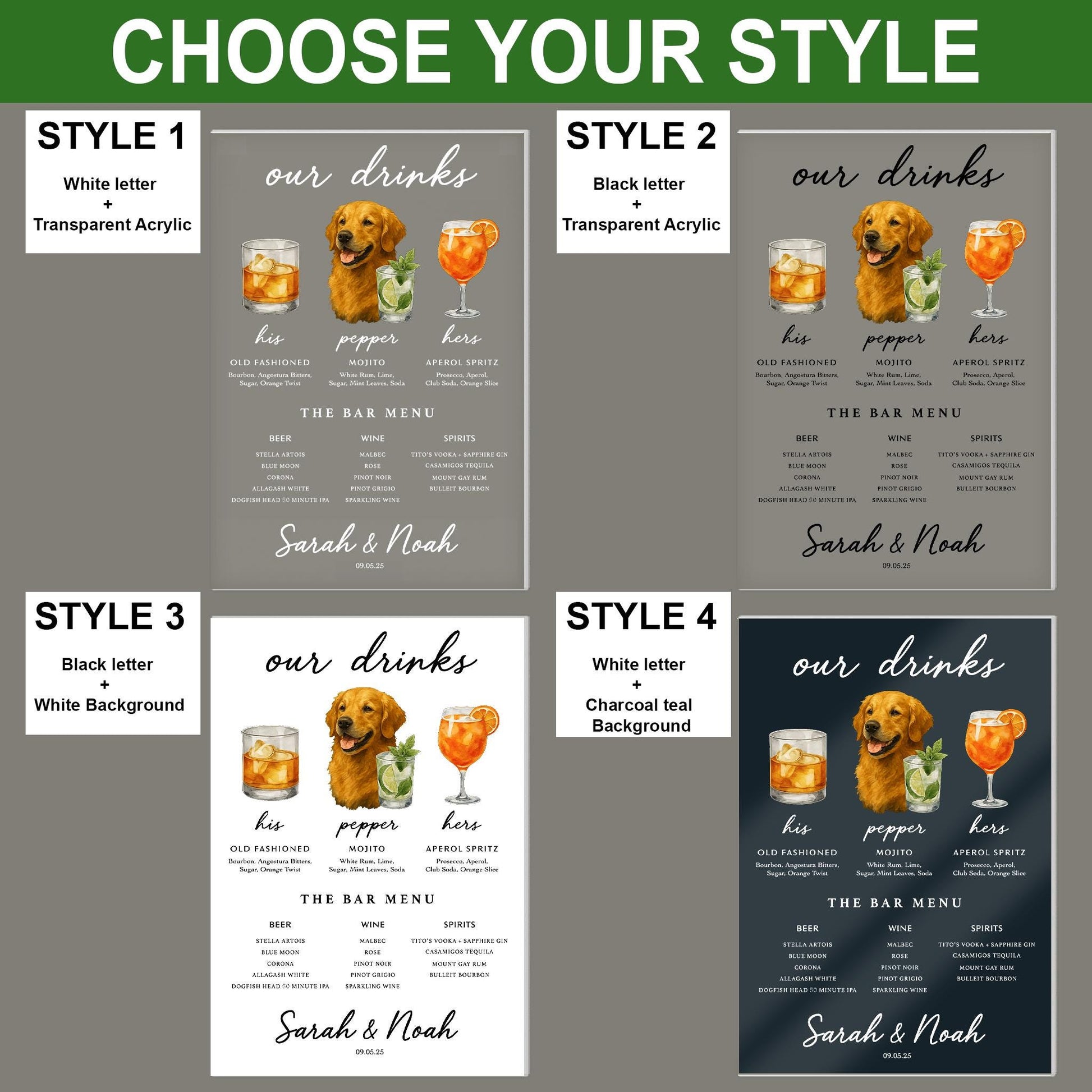 Custom Acrylic Wedding Bar Sign – His & Hers Signature Drinks Menu with Pet Portrait – Personalized Cocktail Sign for Reception Decor