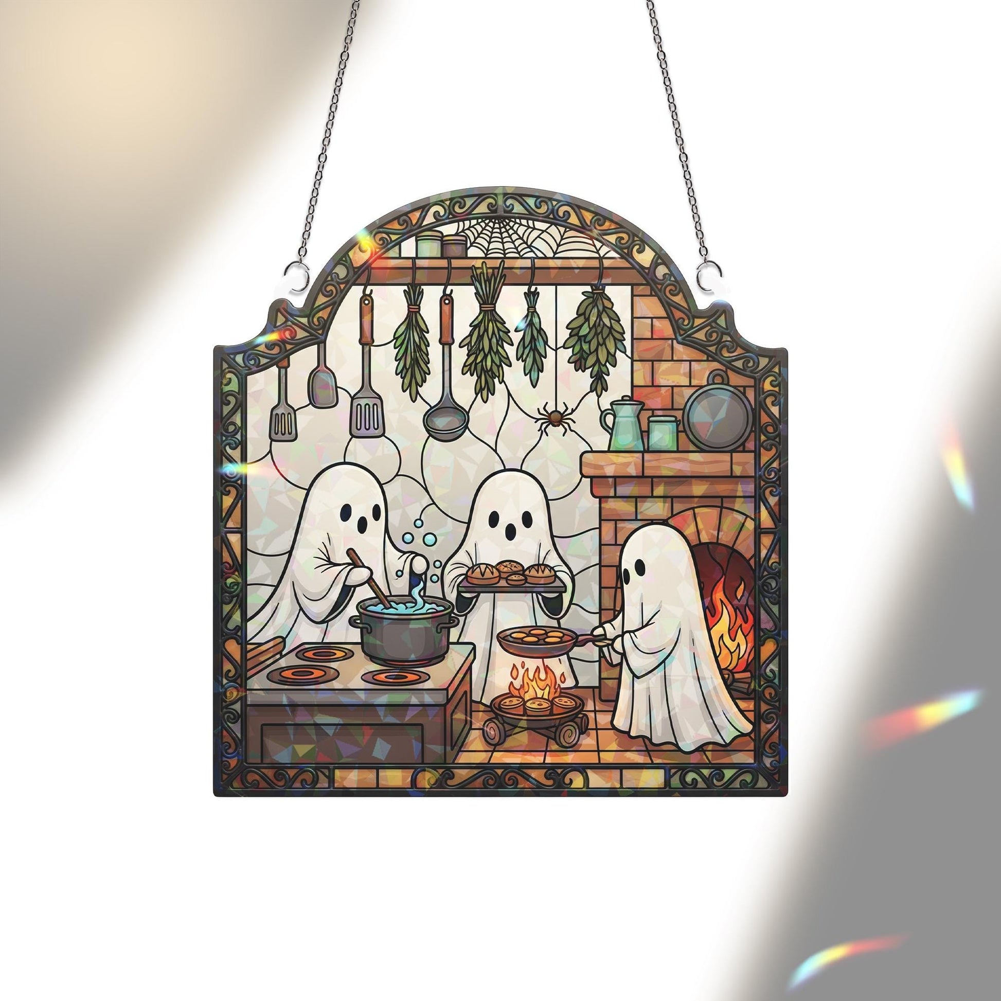 Ghost Kitchen Suncatcher – Holographic Acrylic Halloween Window Decor with Baking Ghosts, Fireplace & Cozy Cottage Vibes