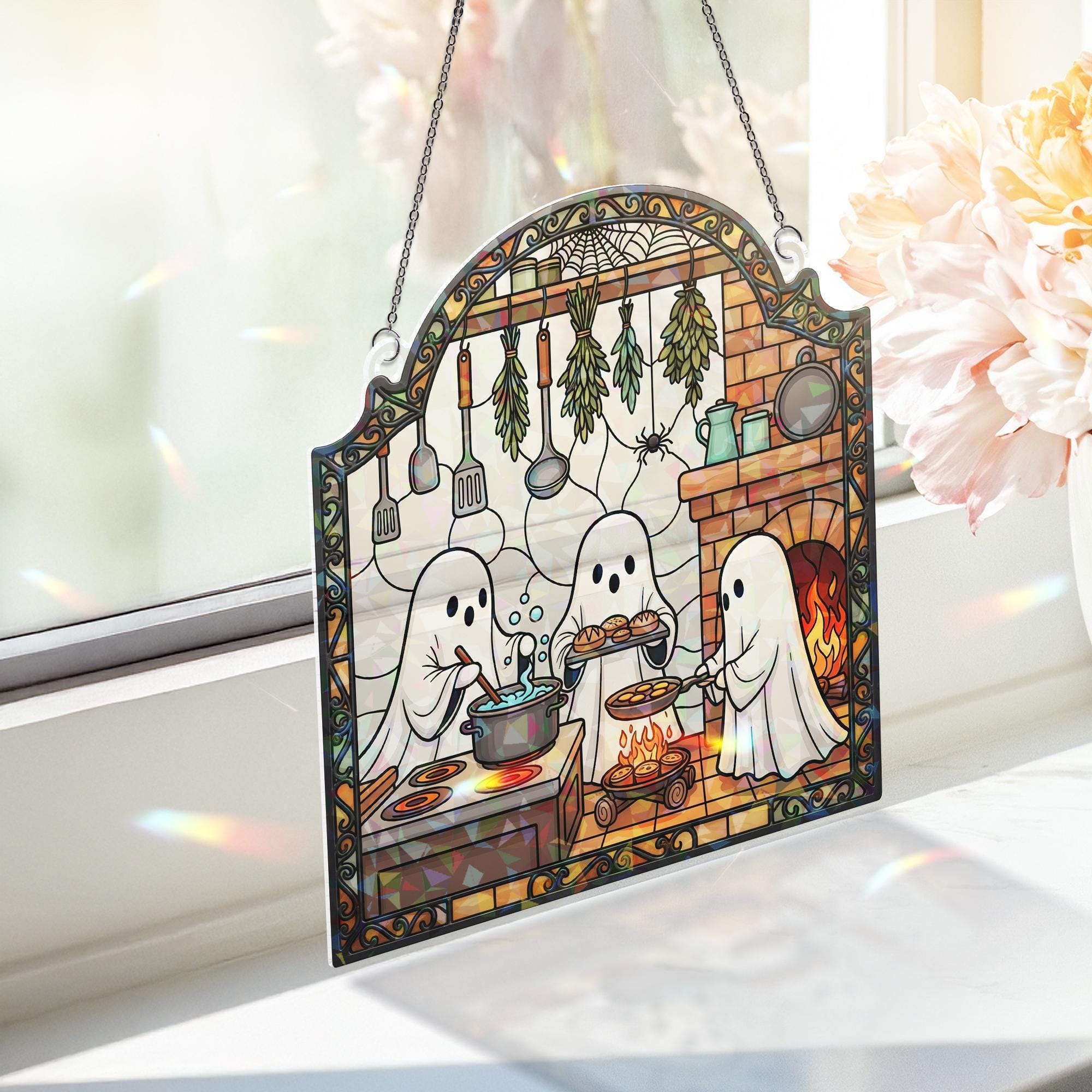 Ghost Kitchen Suncatcher – Holographic Acrylic Halloween Window Decor with Baking Ghosts, Fireplace & Cozy Cottage Vibes