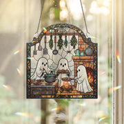 Ghost Kitchen Suncatcher – Holographic Acrylic Halloween Window Decor with Baking Ghosts, Fireplace & Cozy Cottage Vibes