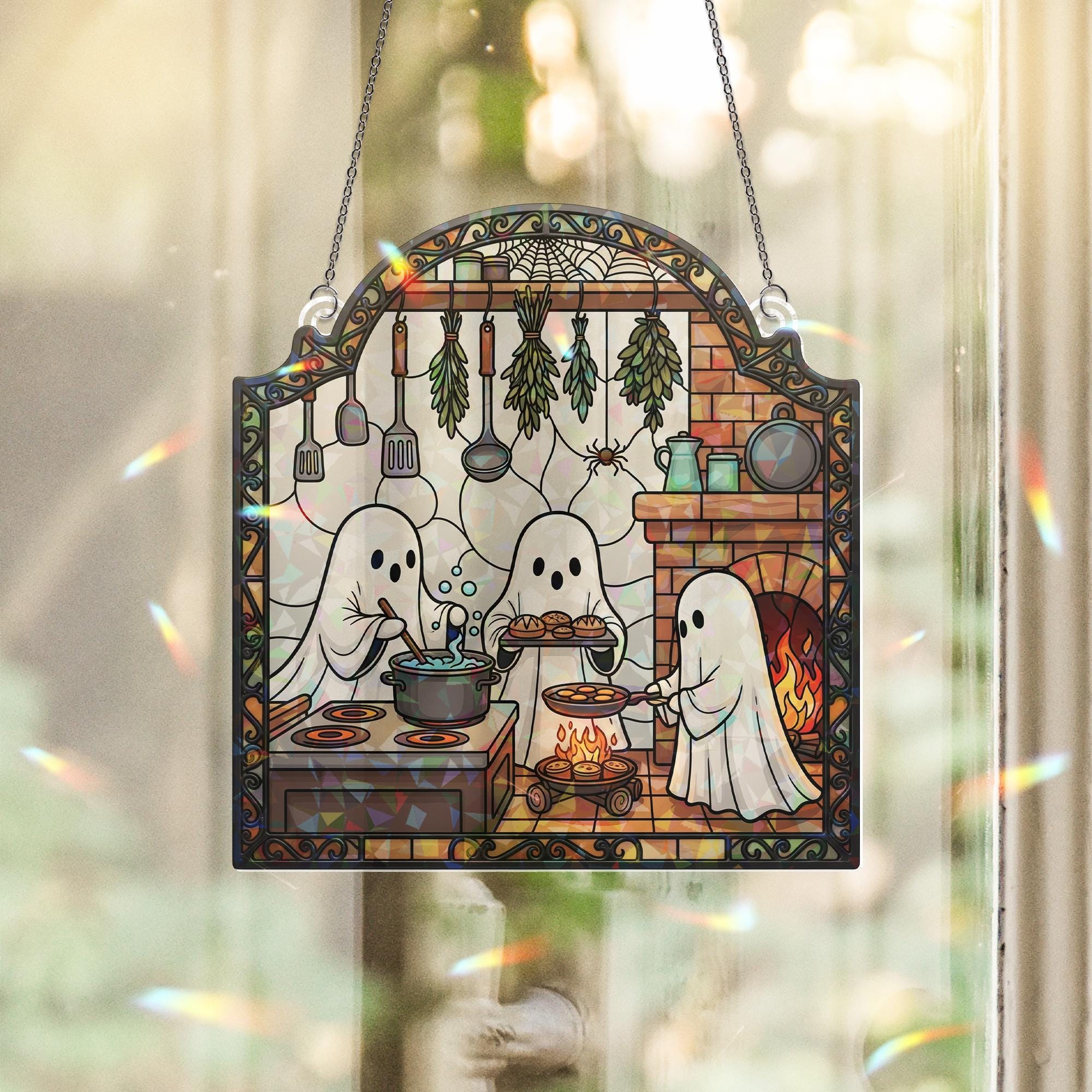 Ghost Kitchen Suncatcher – Holographic Acrylic Halloween Window Decor with Baking Ghosts, Fireplace & Cozy Cottage Vibes