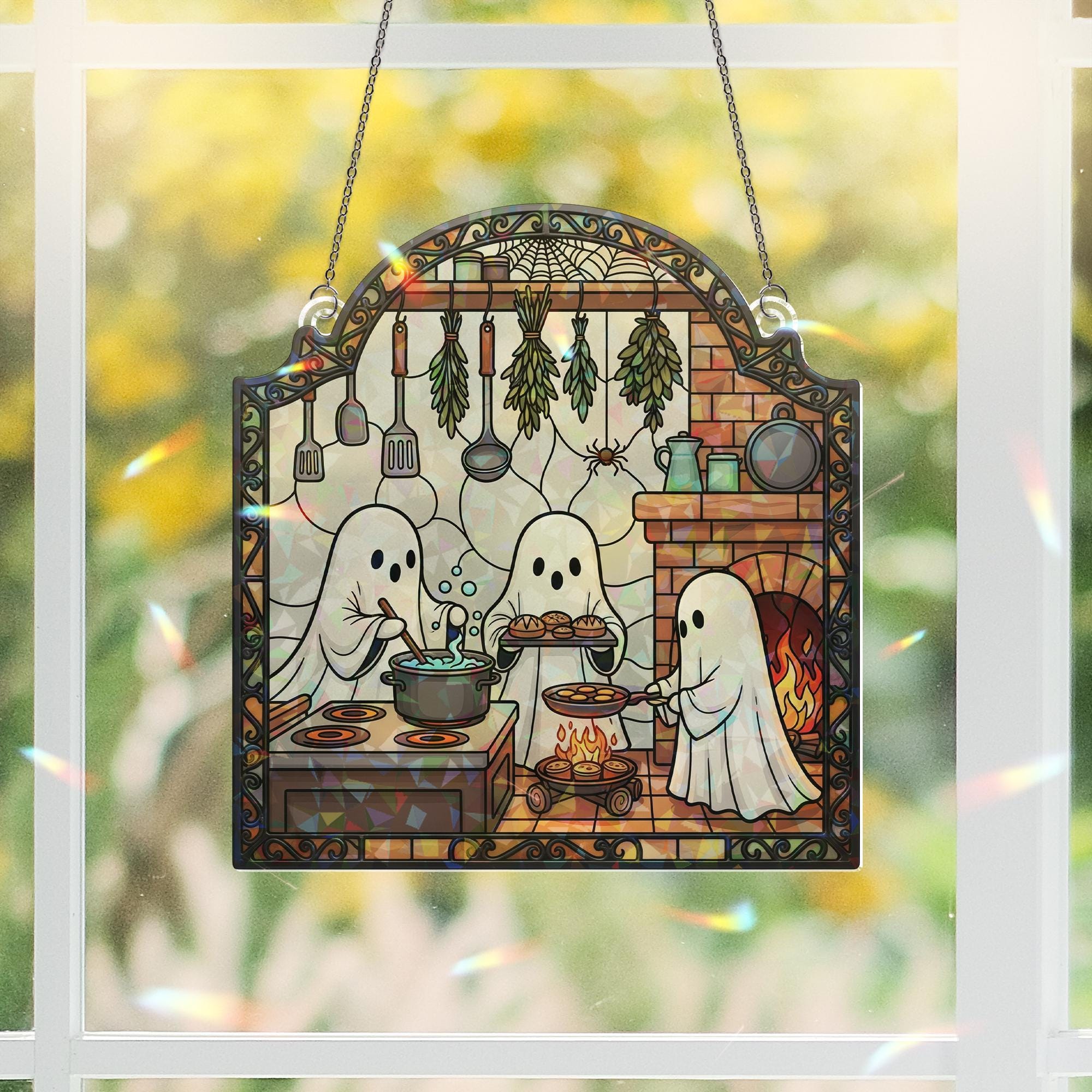 Ghost Kitchen Suncatcher – Holographic Acrylic Halloween Window Decor with Baking Ghosts, Fireplace & Cozy Cottage Vibes