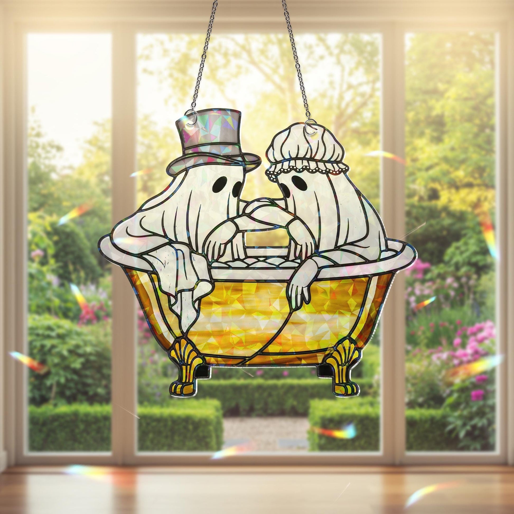 Victorian Ghost Bathtub Suncatcher – Holographic Acrylic Halloween Window Decor with Spooky Romantic Ghost Couple