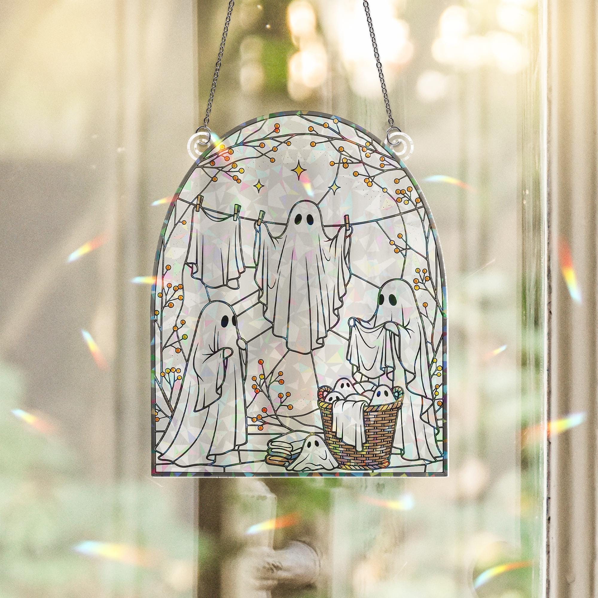 Ghost Laundry Suncatcher – Holographic Acrylic Halloween Window Decor for Laundry Room, Spooky Cute Hanging Art
