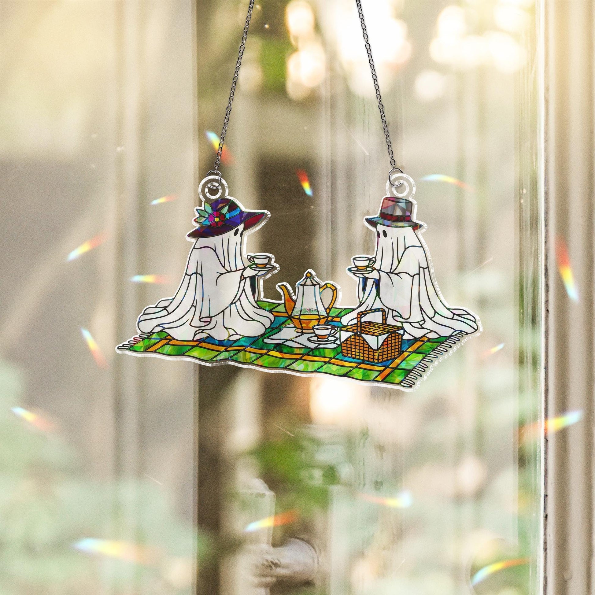 Ghost Picnic Suncatcher – Holographic Acrylic Tea Party Window Decor with Cute Spooky Couple on Plaid Blanket