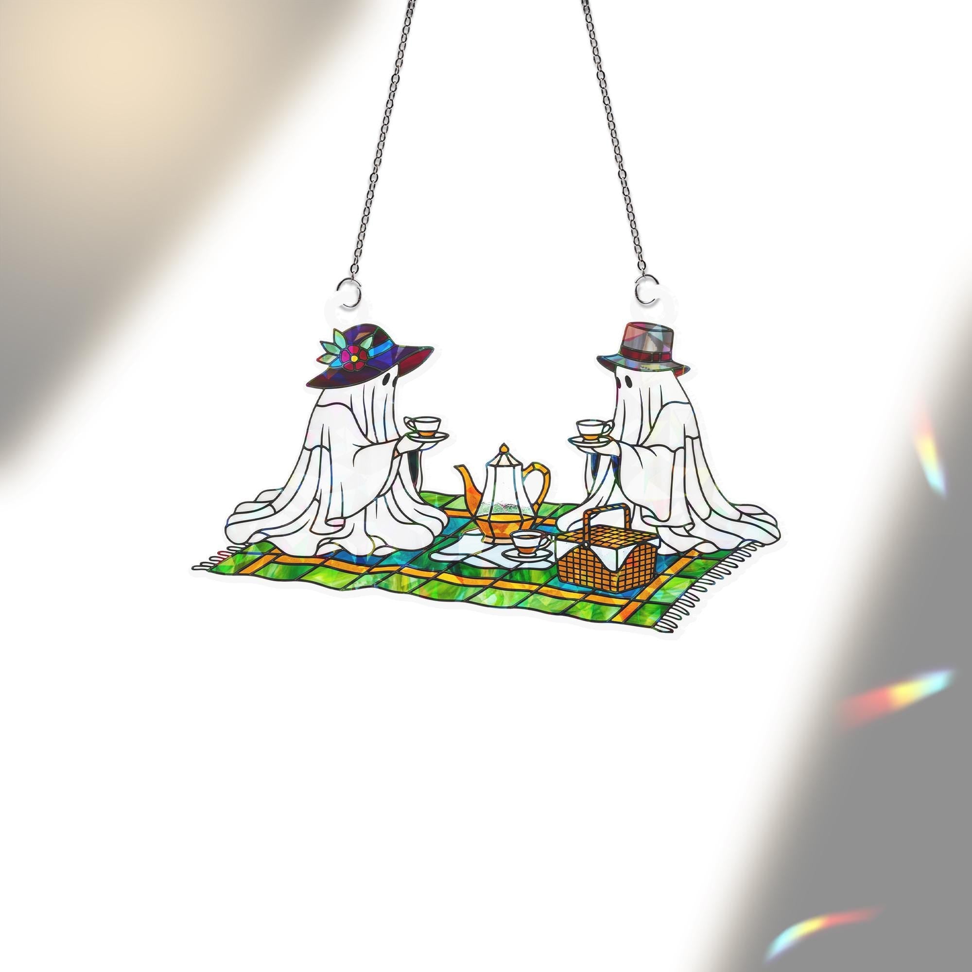 Ghost Picnic Suncatcher – Holographic Acrylic Tea Party Window Decor with Cute Spooky Couple on Plaid Blanket