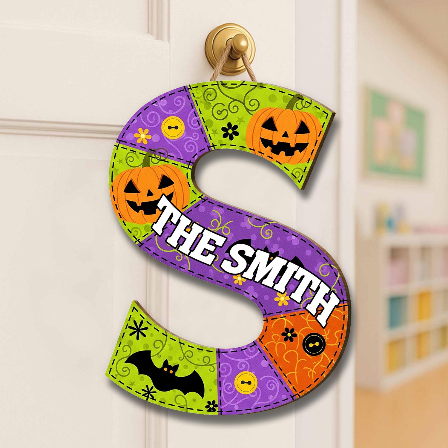 Custom Halloween Door Hanger | Personalized Letter & Name Sign | Spooky Pumpkin Bat Decor | Fall Front Door Monogram Wreath, Fall Gift