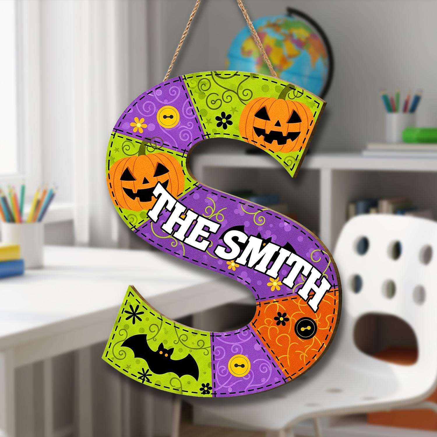 Custom Halloween Door Hanger | Personalized Letter & Name Sign | Spooky Pumpkin Bat Decor | Fall Front Door Monogram Wreath, Fall Gift