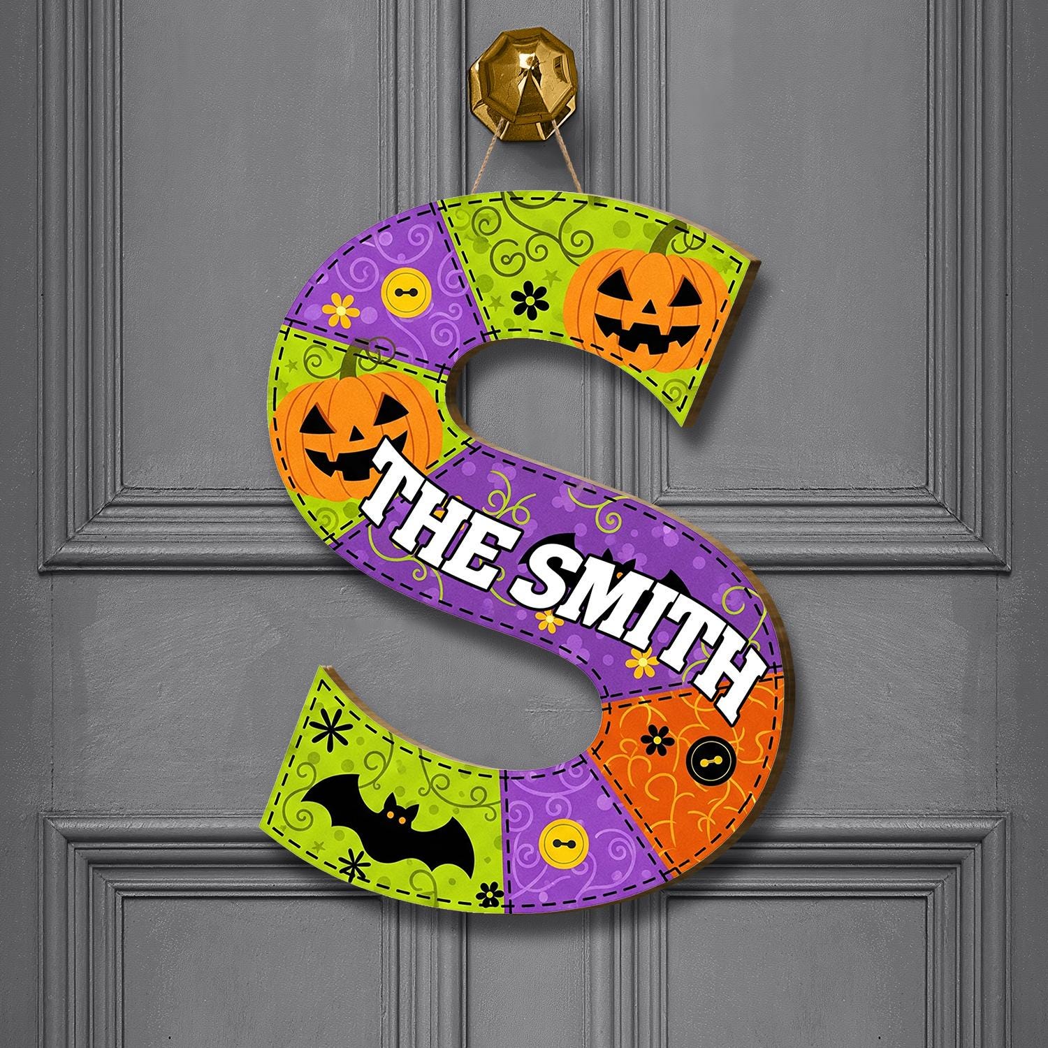 Custom Halloween Door Hanger | Personalized Letter & Name Sign | Spooky Pumpkin Bat Decor | Fall Front Door Monogram Wreath, Fall Gift