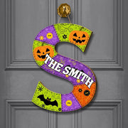 Custom Halloween Door Hanger | Personalized Letter & Name Sign | Spooky Pumpkin Bat Decor | Fall Front Door Monogram Wreath, Fall Gift