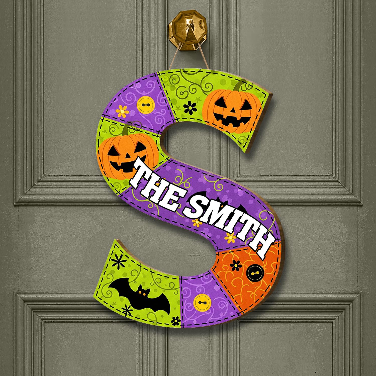 Custom Halloween Door Hanger | Personalized Letter & Name Sign | Spooky Pumpkin Bat Decor | Fall Front Door Monogram Wreath, Fall Gift