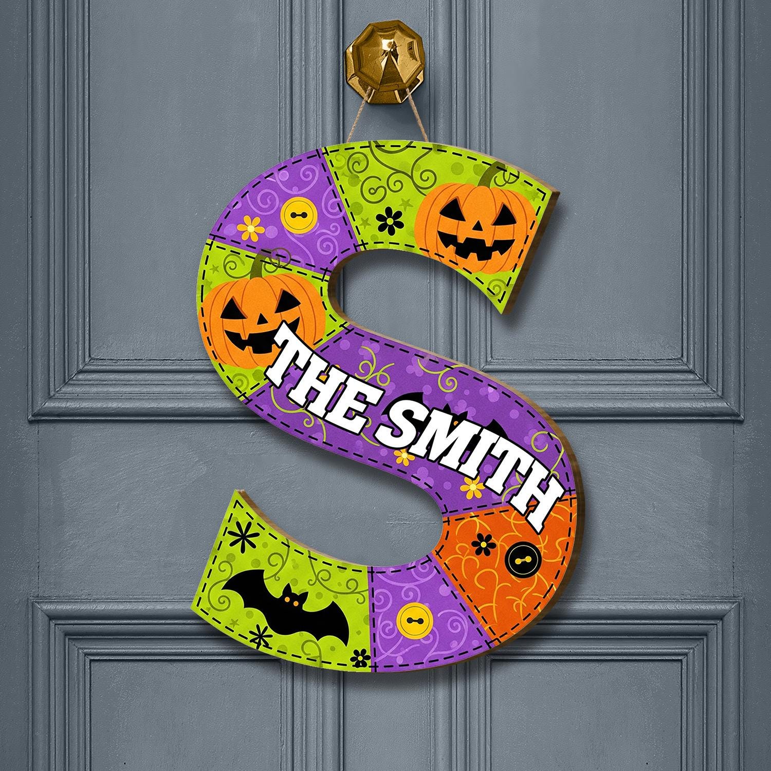 Custom Halloween Door Hanger | Personalized Letter & Name Sign | Spooky Pumpkin Bat Decor | Fall Front Door Monogram Wreath, Fall Gift