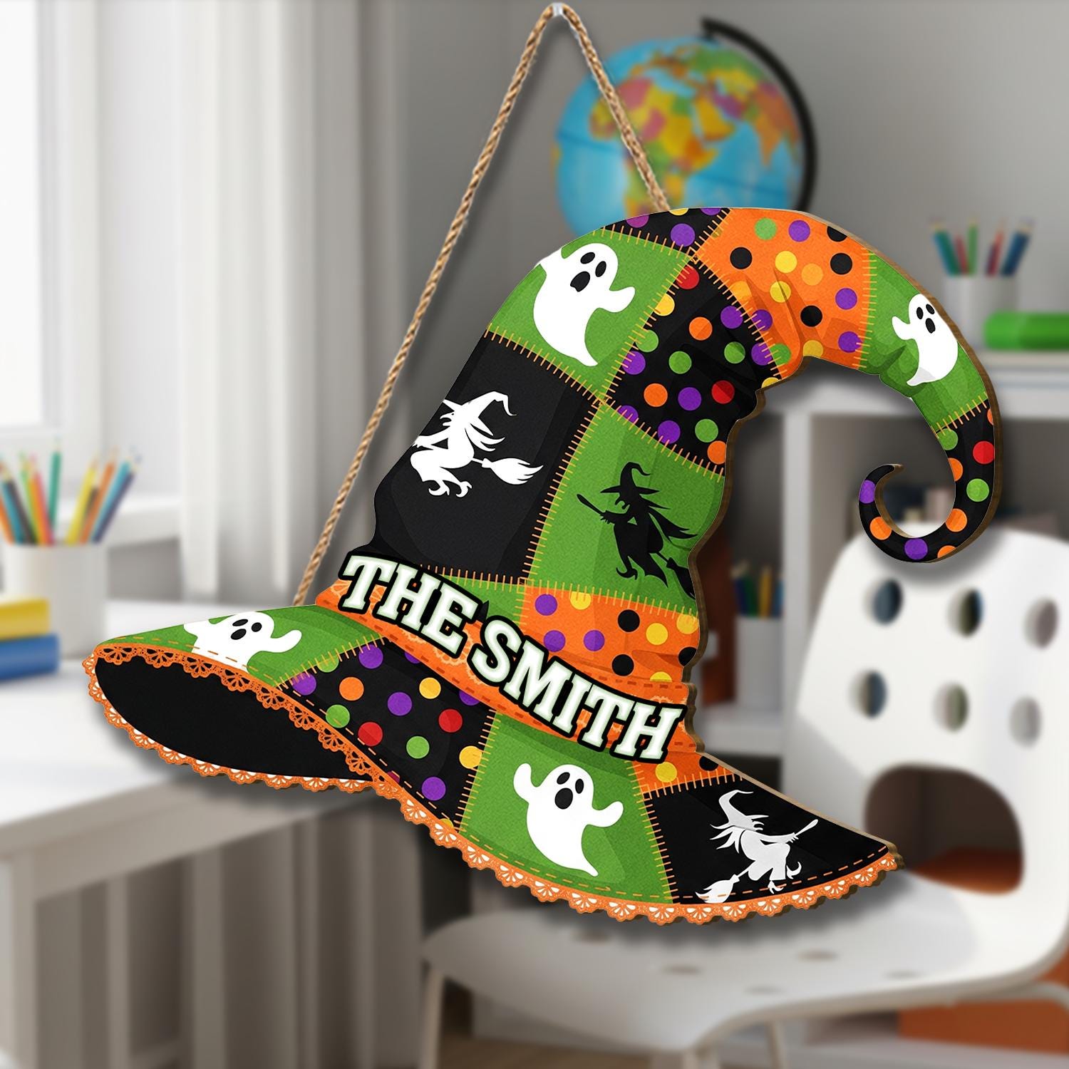 Custom Witch Hat Door Hanger, Halloween Personalized Name Sign, Ghost Witch Decor, Spooky Fall Front Door Decoration , Custom Gift Halloween