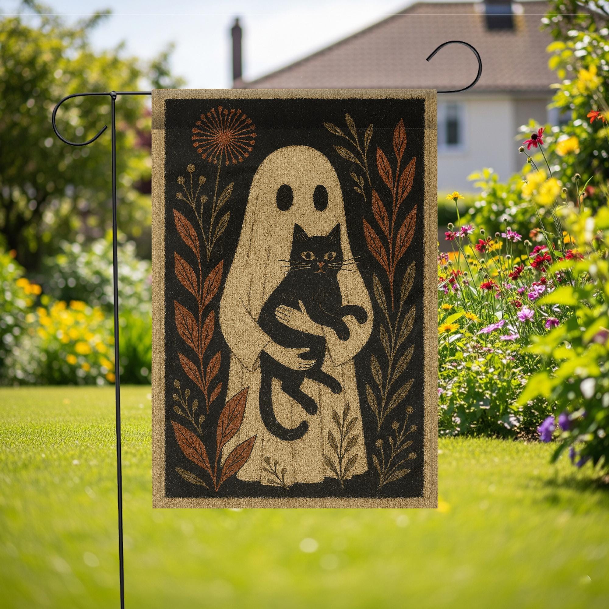 Ghost and Black Cat Garden Flag – Spooky Fall Yard Decor for Halloween, Witchy Cottagecore Outdoor Decoration