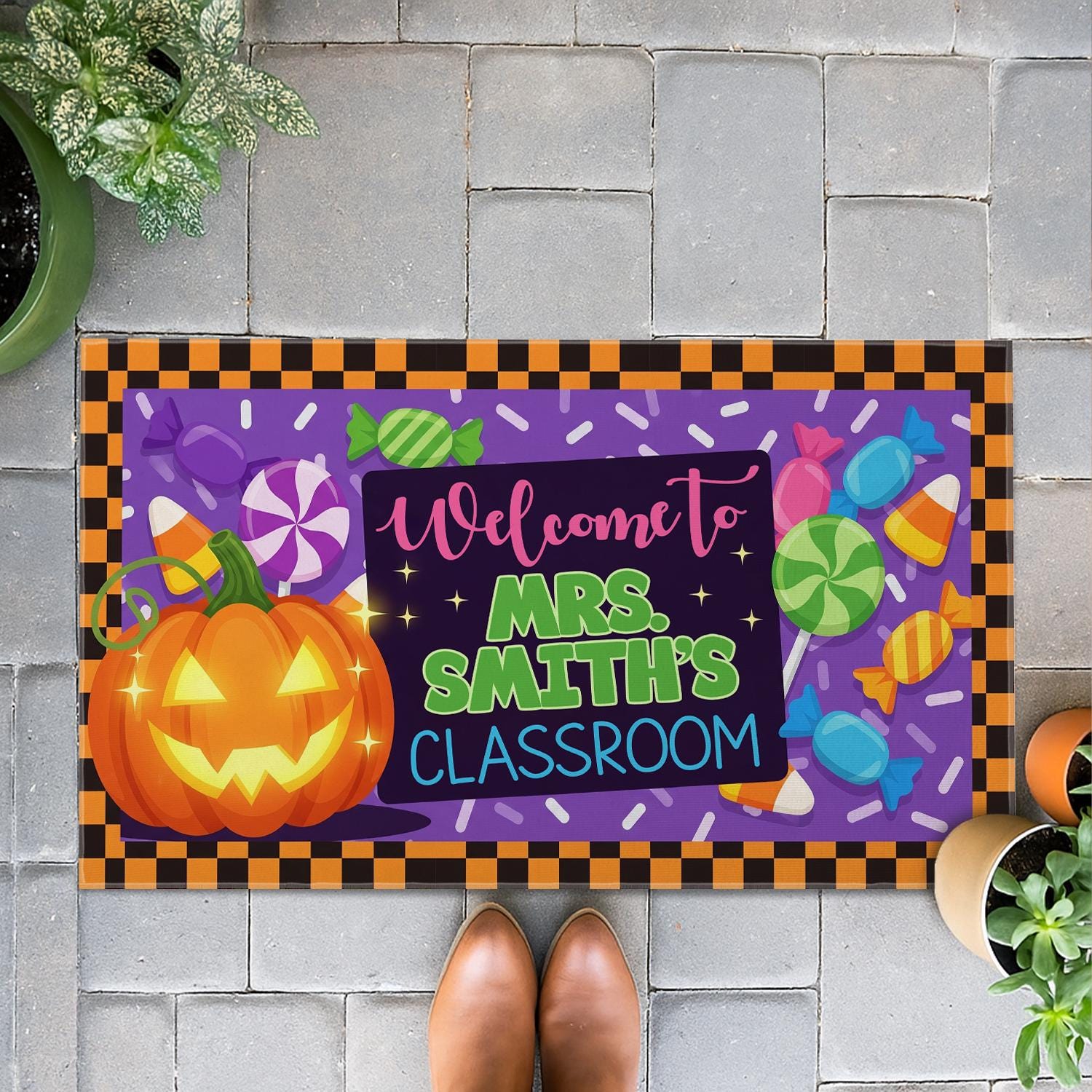 Personalized Halloween Classroom Doormat | Custom Teacher Welcome Mat | Pumpkin Candy Decor | Fall School Entry Rug for Classroom, School