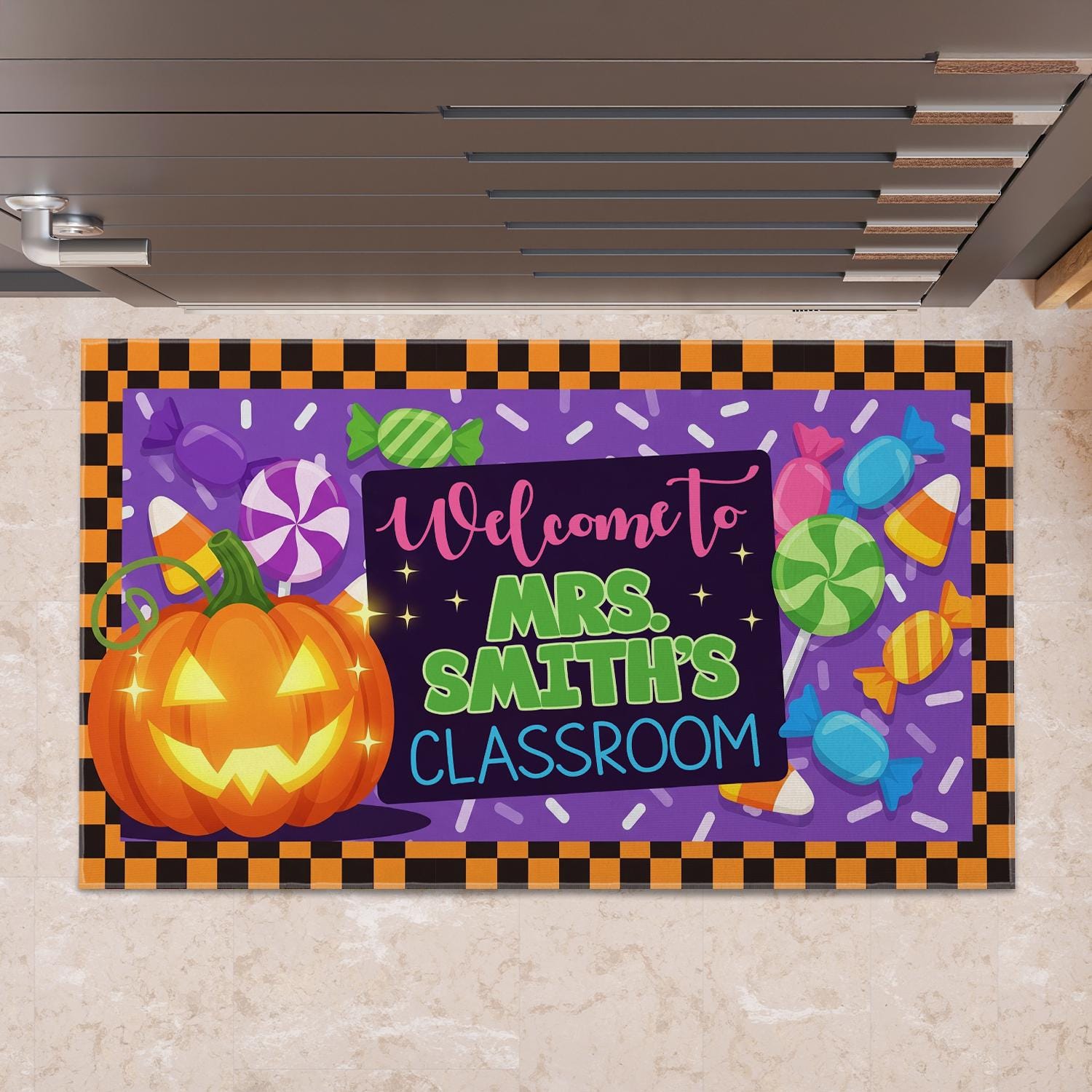 Personalized Halloween Classroom Doormat | Custom Teacher Welcome Mat | Pumpkin Candy Decor | Fall School Entry Rug for Classroom, School