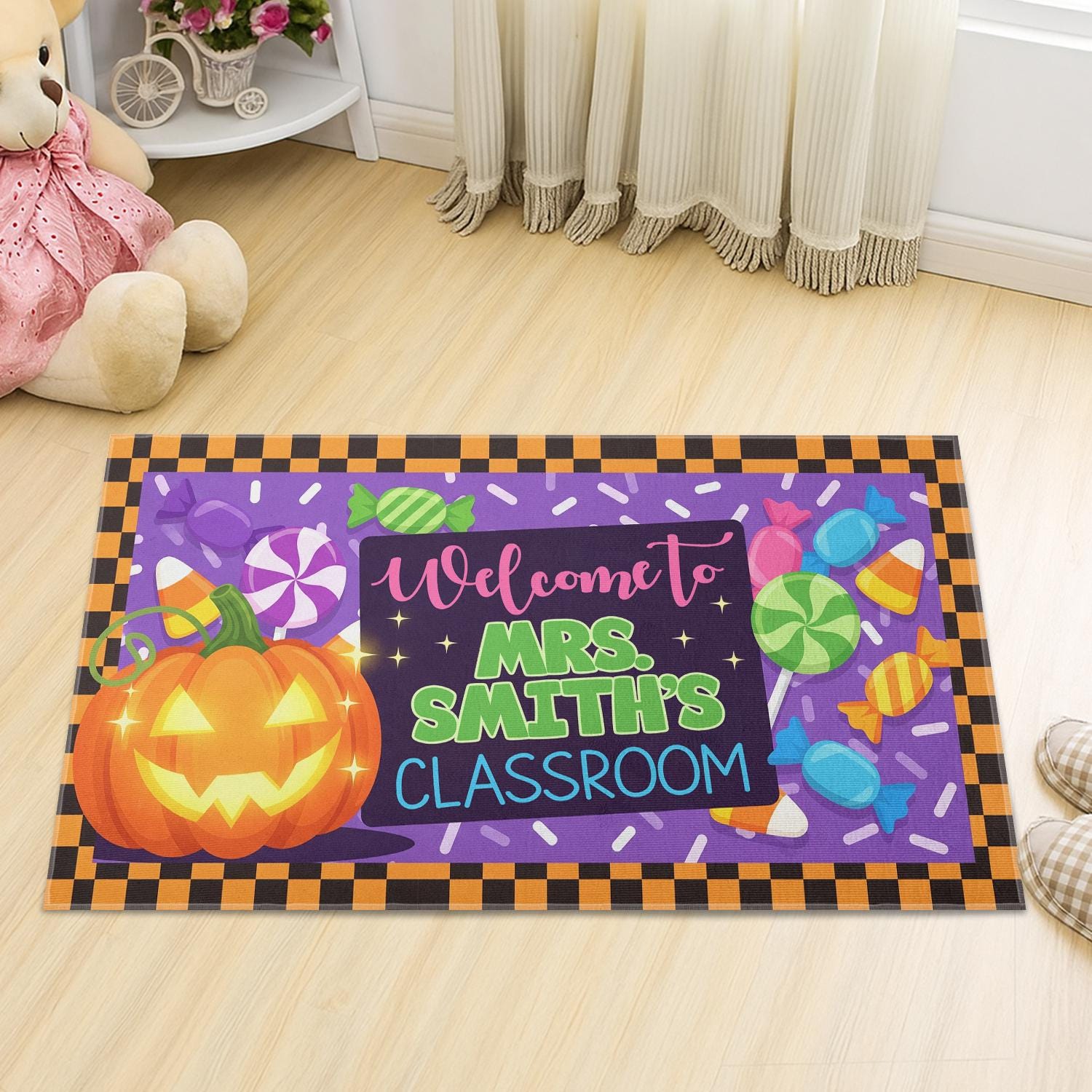 Personalized Halloween Classroom Doormat | Custom Teacher Welcome Mat | Pumpkin Candy Decor | Fall School Entry Rug for Classroom, School