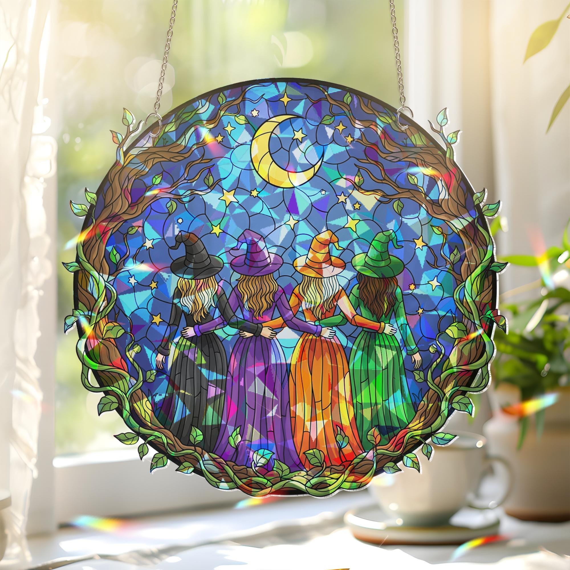 Acrylic Witch Sisters Suncatcher, Halloween Window Hanging Decor, Celestial Moon Stars Gift, Wiccan Witchy Room Decoration, Fall Home Decor