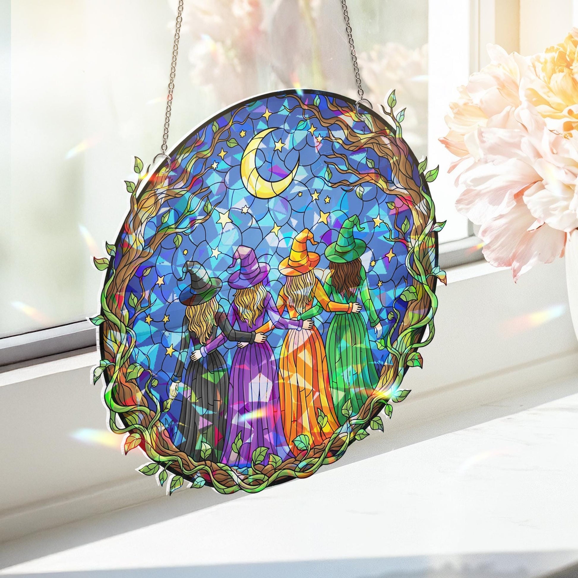 Acrylic Witch Sisters Suncatcher, Halloween Window Hanging Decor, Celestial Moon Stars Gift, Wiccan Witchy Room Decoration, Fall Home Decor