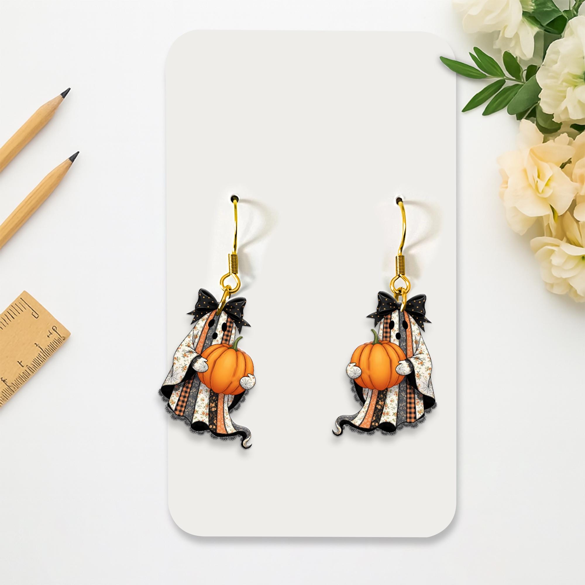 Ghost Pumpkin Halloween Earrings, Fall Dangle Earrings, Cute Spooky Earrings, Autumn Pumpkin Jewelry, Halloween Gift for Her