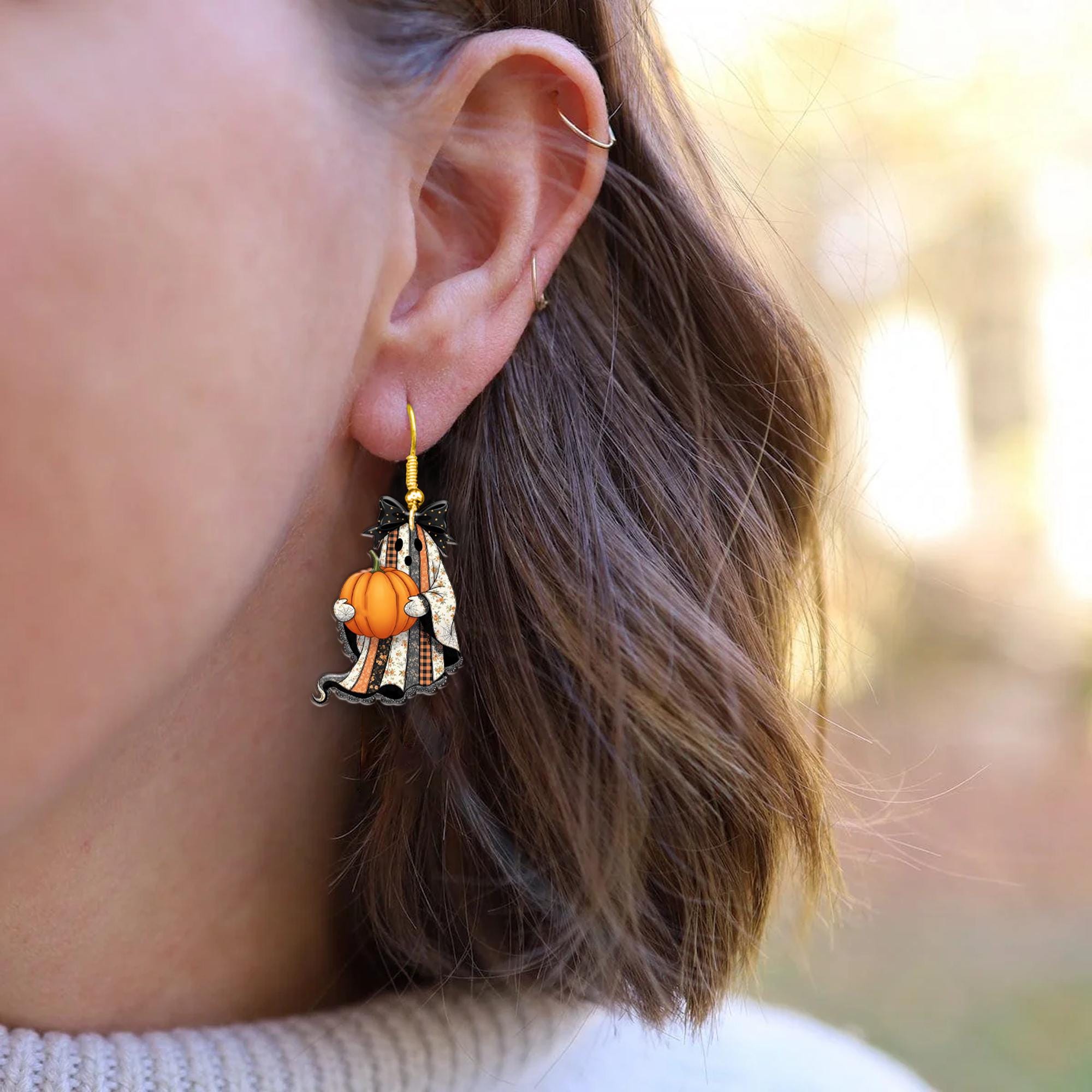 Ghost Pumpkin Halloween Earrings, Fall Dangle Earrings, Cute Spooky Earrings, Autumn Pumpkin Jewelry, Halloween Gift for Her