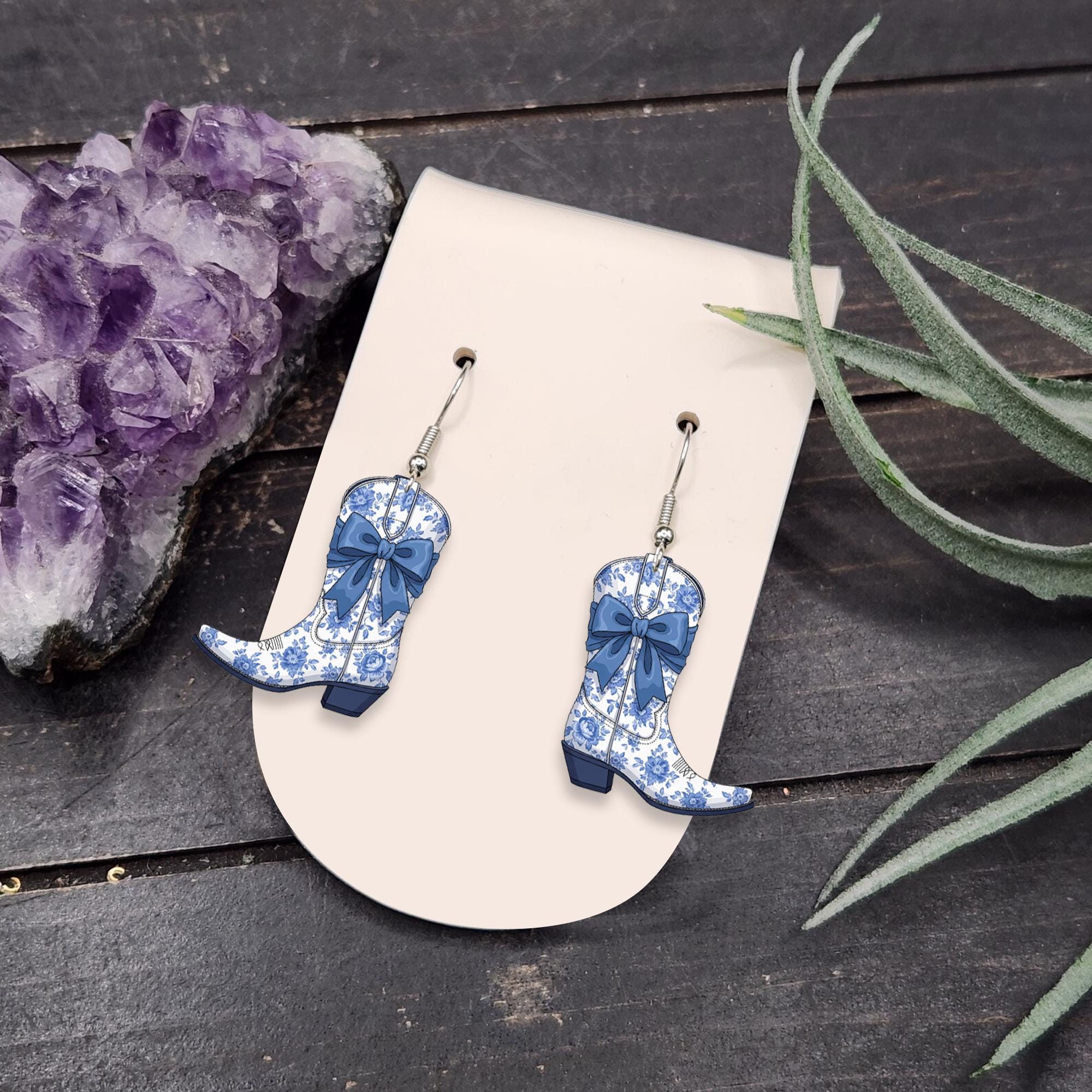 Chinoiserie Cowgirl Boot Earrings, Blue Floral Western Earrings, Elegant Country Jewelry, Rodeo Gift for Her, Dangle Statement Earrings