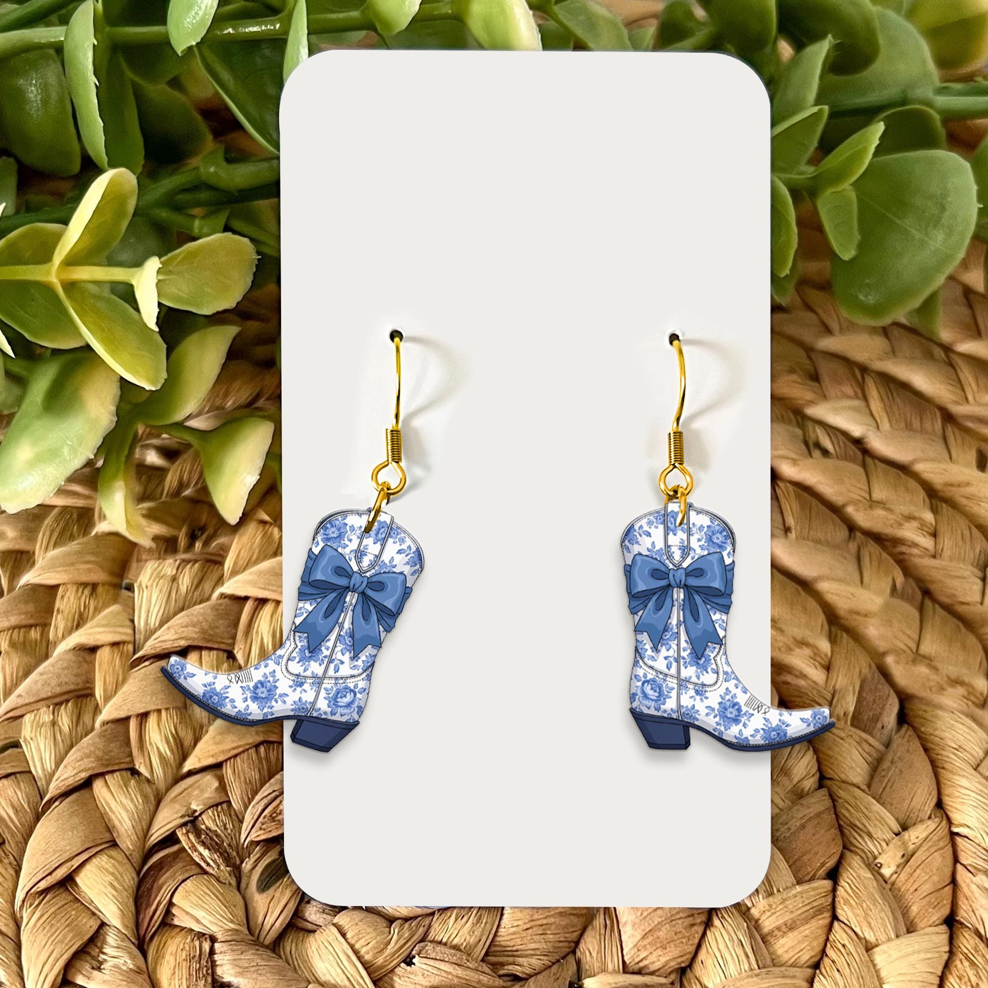 Chinoiserie Cowgirl Boot Earrings, Blue Floral Western Earrings, Elegant Country Jewelry, Rodeo Gift for Her, Dangle Statement Earrings