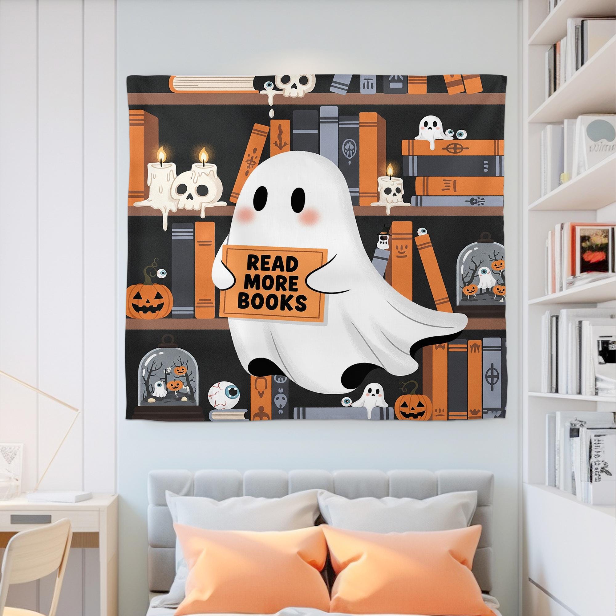 Cute Ghost Read More Books Tapestry, Halloween Wall Decor, Spooky Bookish Wall Hanging, Ghost Library Art for Bedroom or Dorm, Home Decor