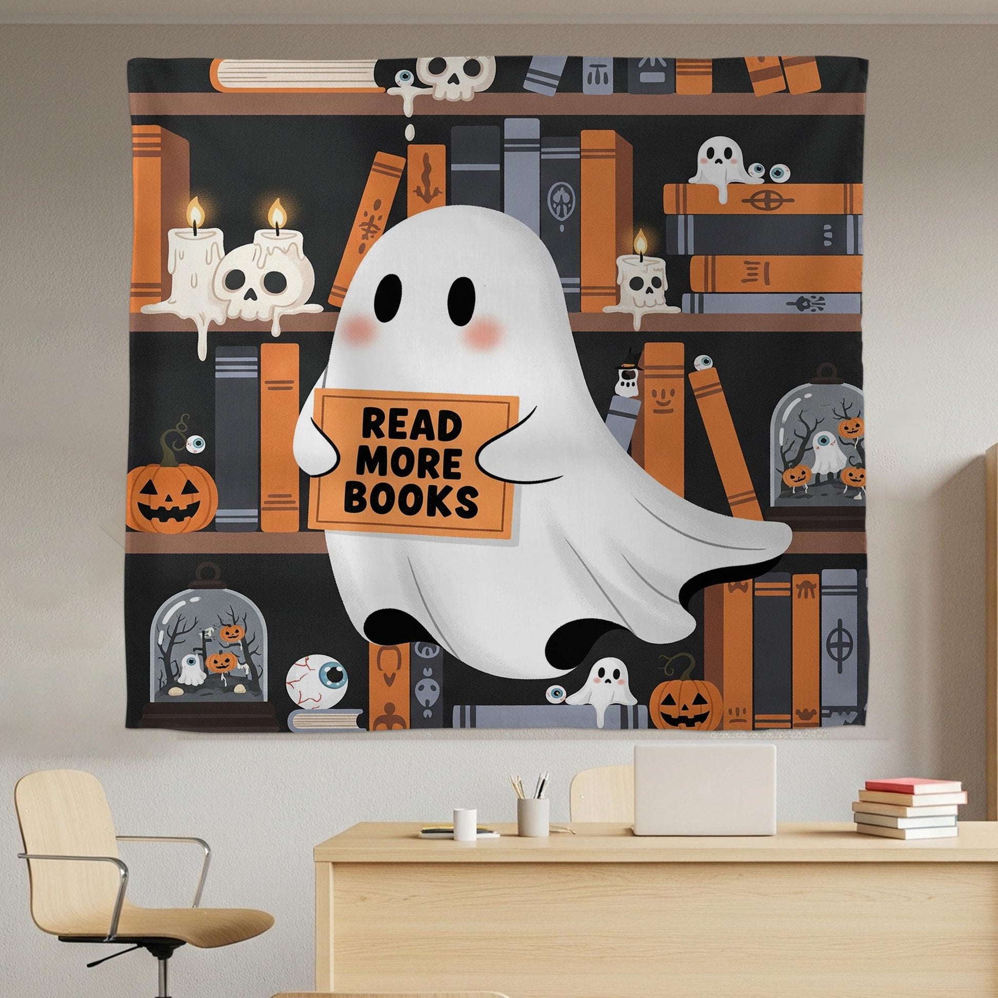 Cute Ghost Read More Books Tapestry, Halloween Wall Decor, Spooky Bookish Wall Hanging, Ghost Library Art for Bedroom or Dorm, Home Decor