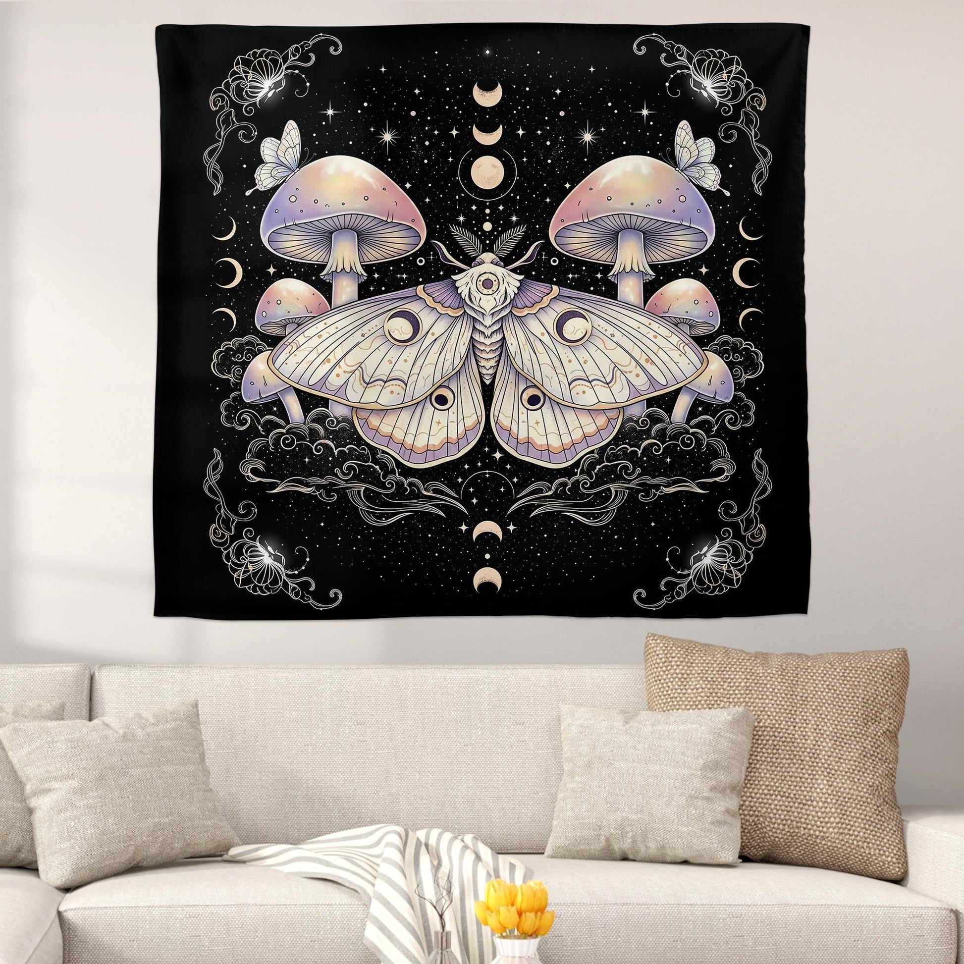 Celestial Moth and Mushroom Tapestry, Boho Moon Phase Wall Hanging, Mystical Forest Wall Art, Witchy Room Decor for Bedroom or Dorm