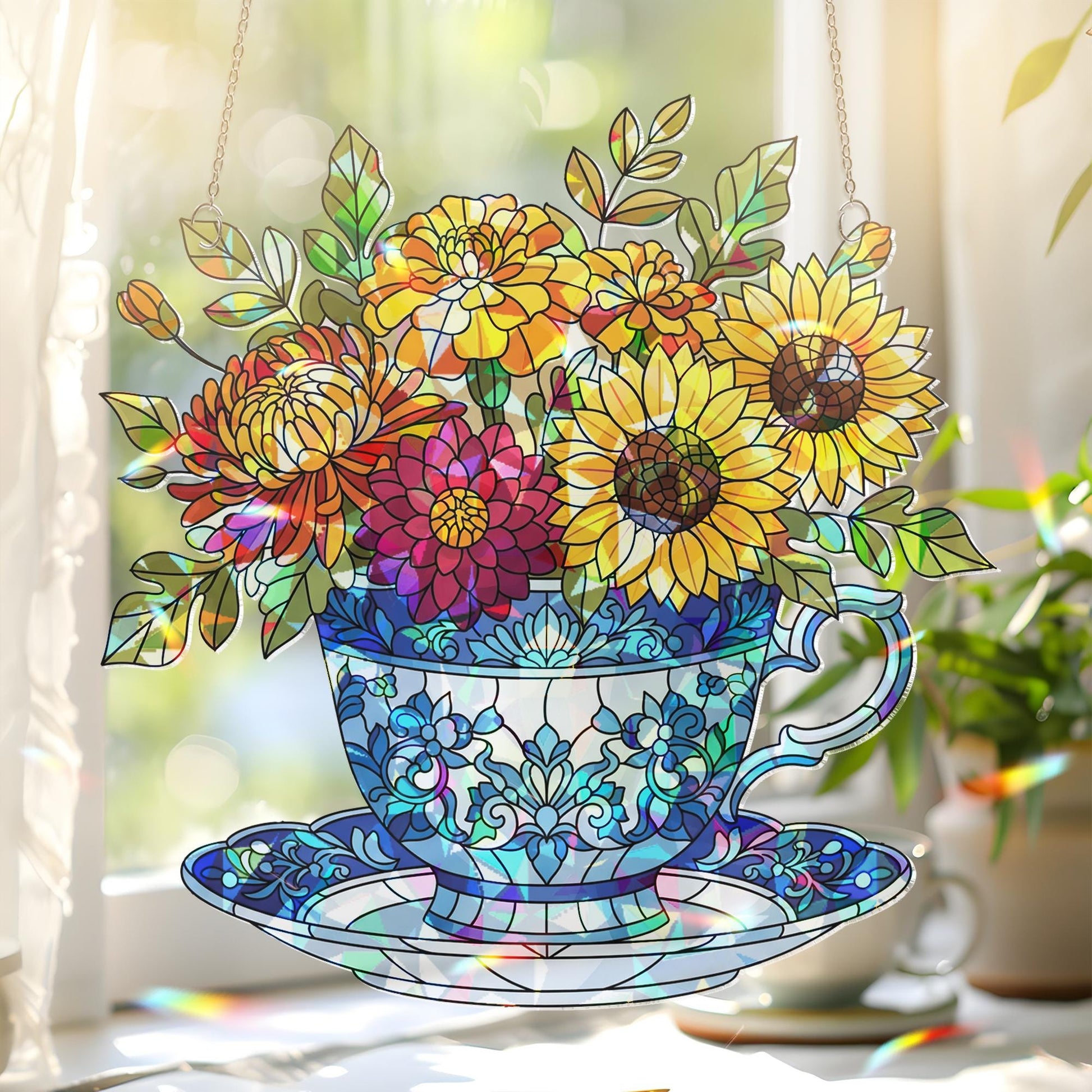 Chinoiserie Acrylic Teacup Suncatcher, Floral Window Hanging Decor, Sunflower Garden Art, Cottagecore Gift for Kitchen or Porch, Cute Gift