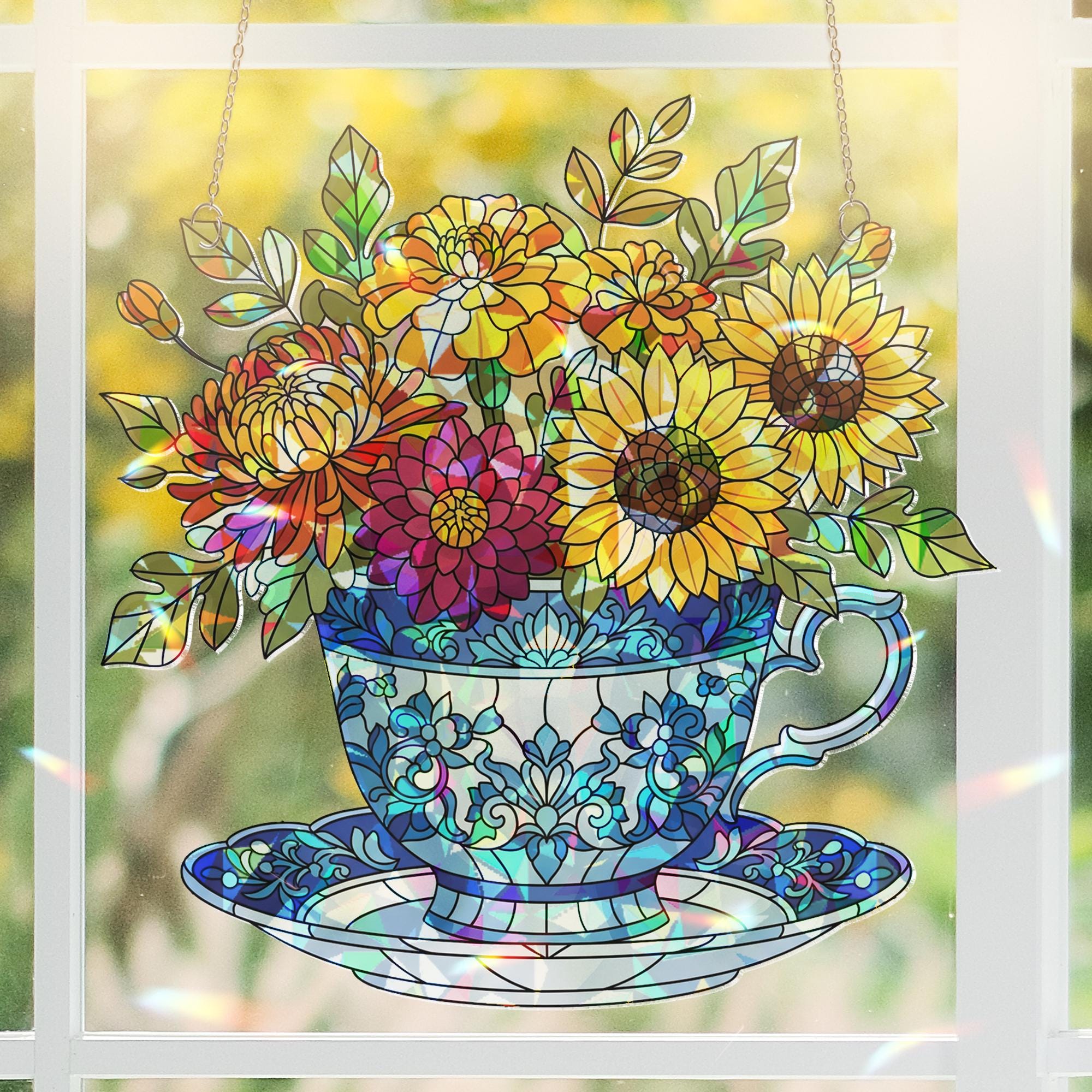 Chinoiserie Acrylic Teacup Suncatcher, Floral Window Hanging Decor, Sunflower Garden Art, Cottagecore Gift for Kitchen or Porch, Cute Gift