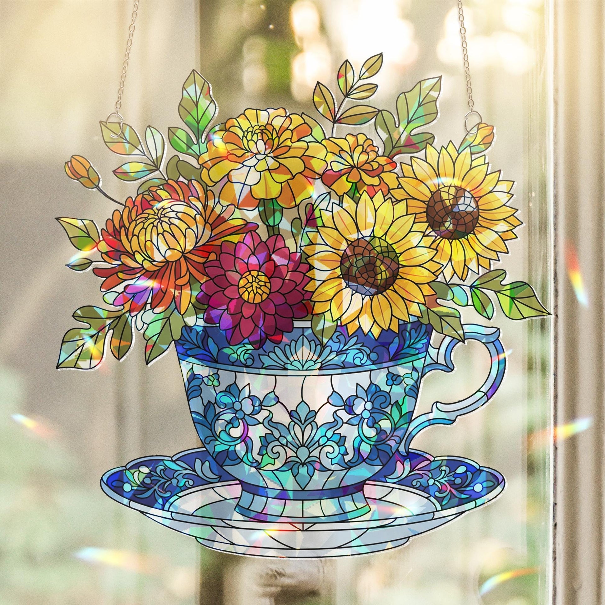 Chinoiserie Acrylic Teacup Suncatcher, Floral Window Hanging Decor, Sunflower Garden Art, Cottagecore Gift for Kitchen or Porch, Cute Gift